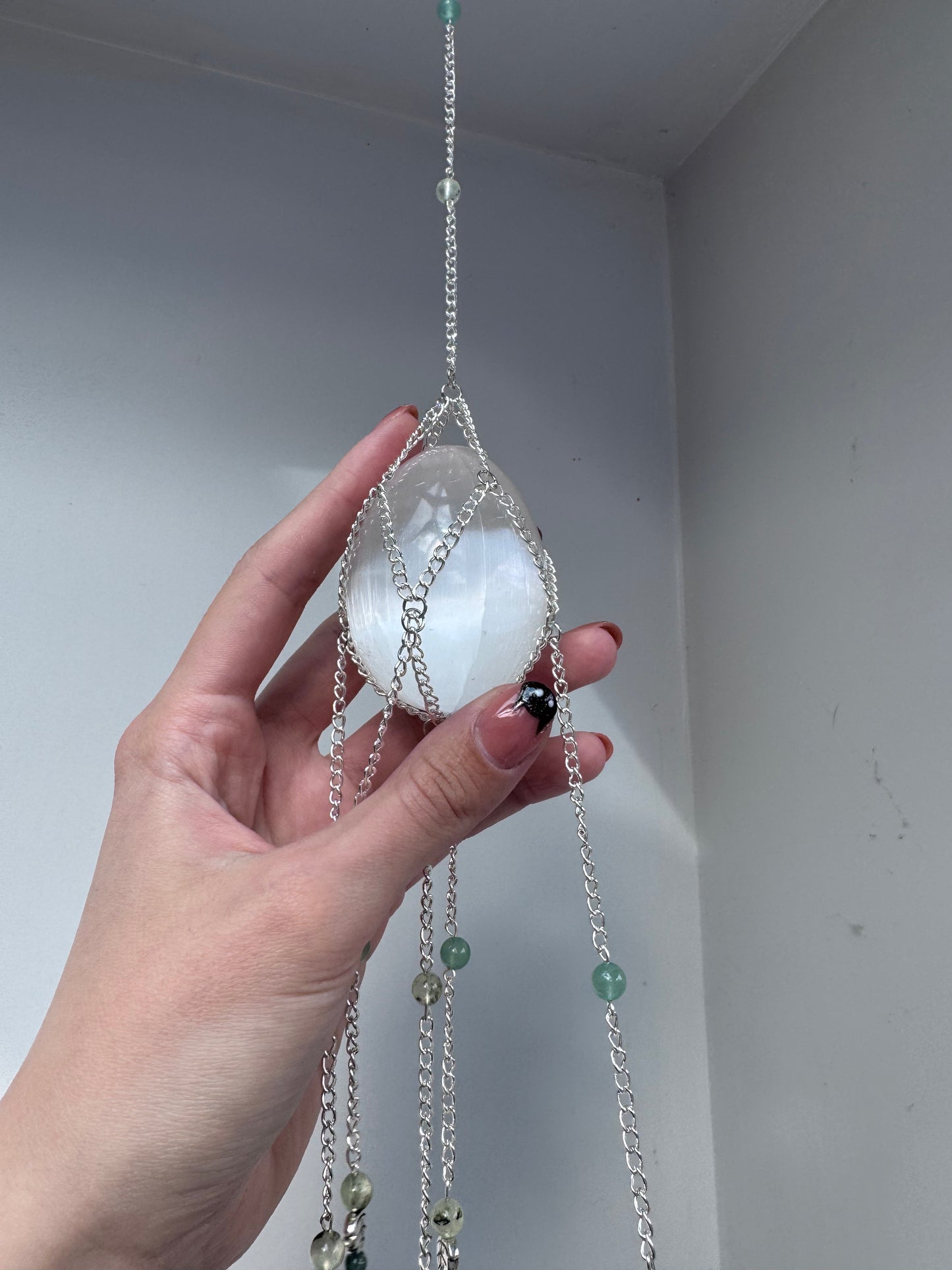 Selenite Egg + Aventurine Suncatcher | Handmade Crystal Wall Hanging