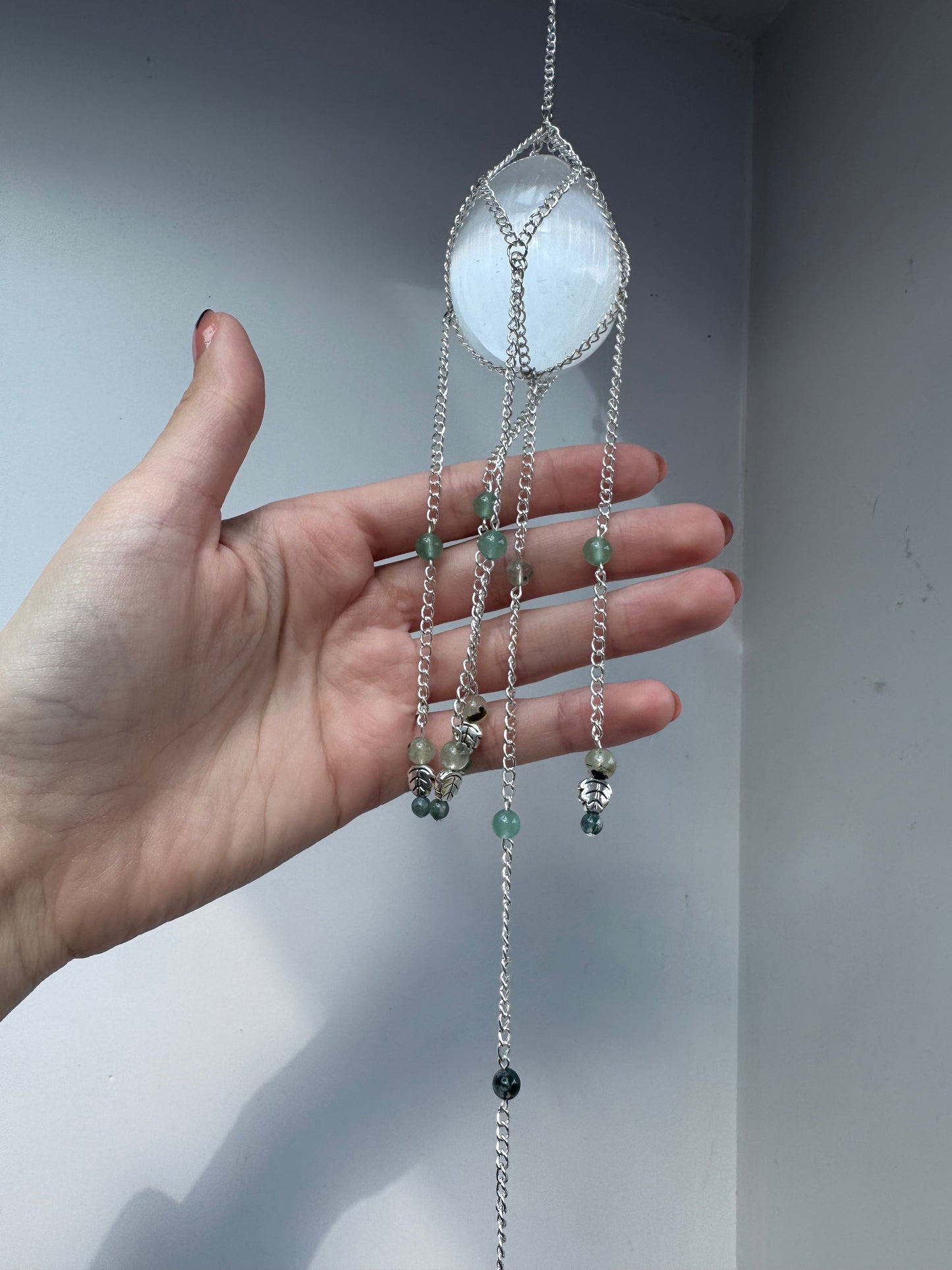 Selenite Egg + Aventurine Suncatcher | Handmade Crystal Wall Hanging
