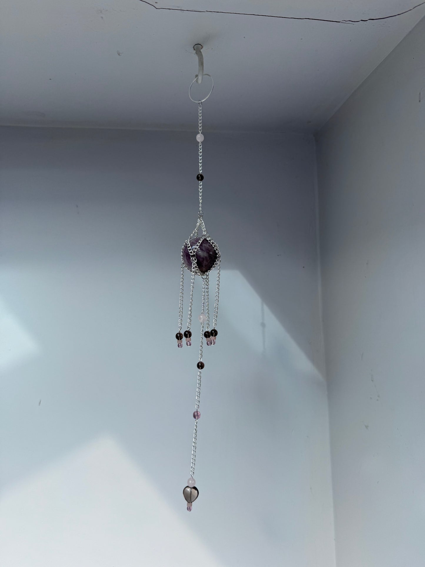 Luna Rose Quartz + Smoky Quartz Suncatcher | Handmade Crystal Wall Hanging
