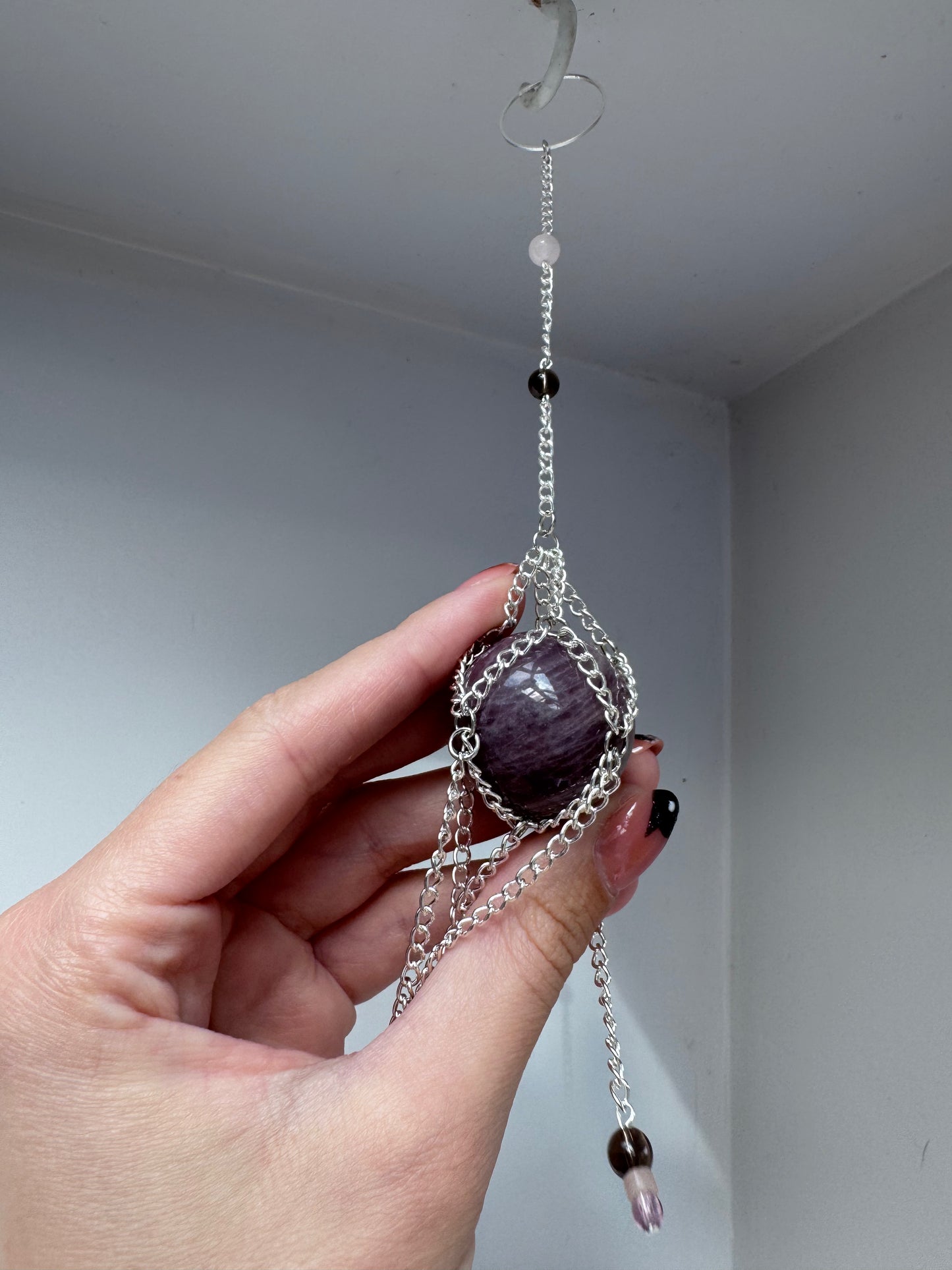 Luna Rose Quartz + Smoky Quartz Suncatcher | Handmade Crystal Wall Hanging