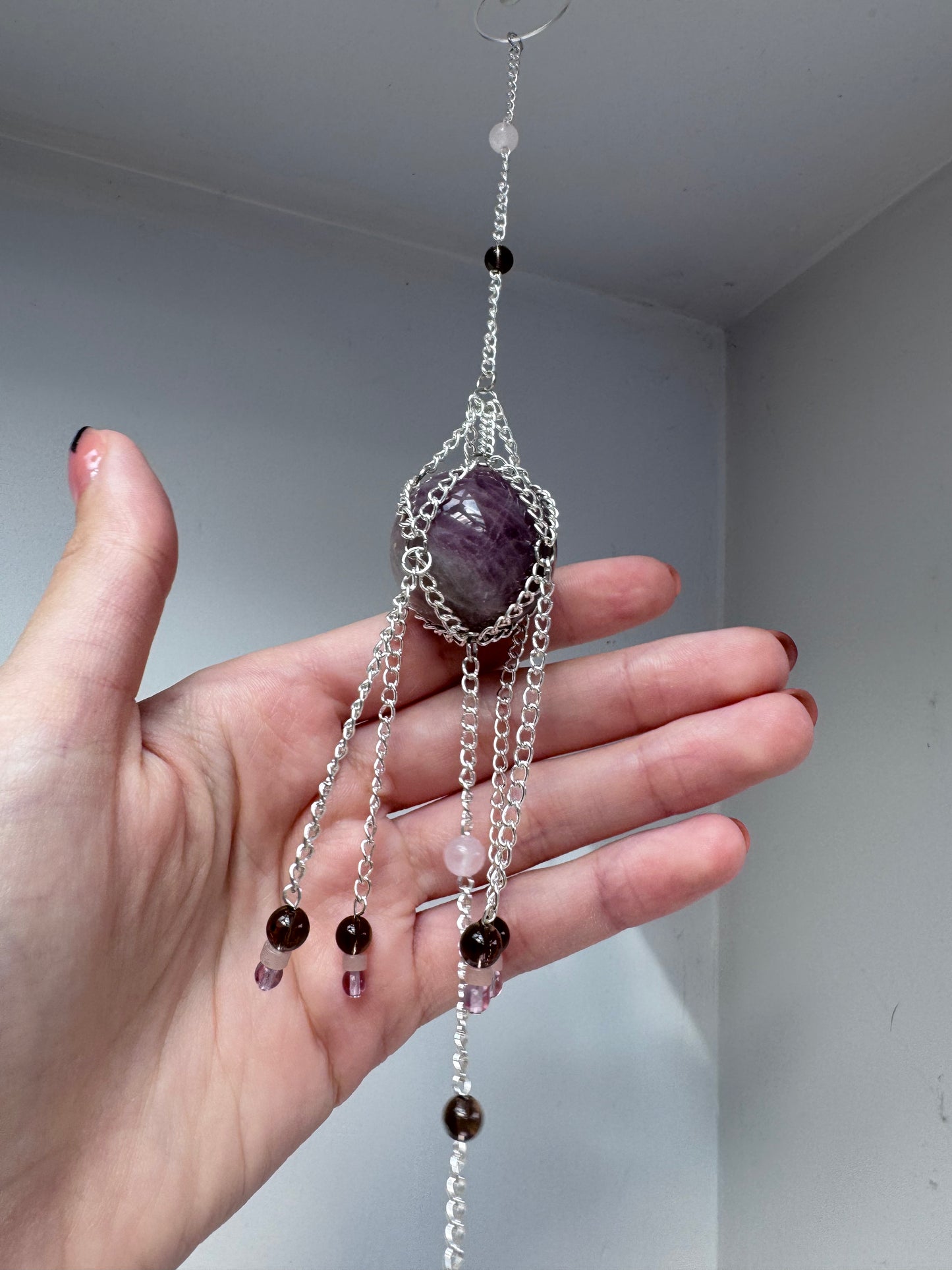 Luna Rose Quartz + Smoky Quartz Suncatcher | Handmade Crystal Wall Hanging