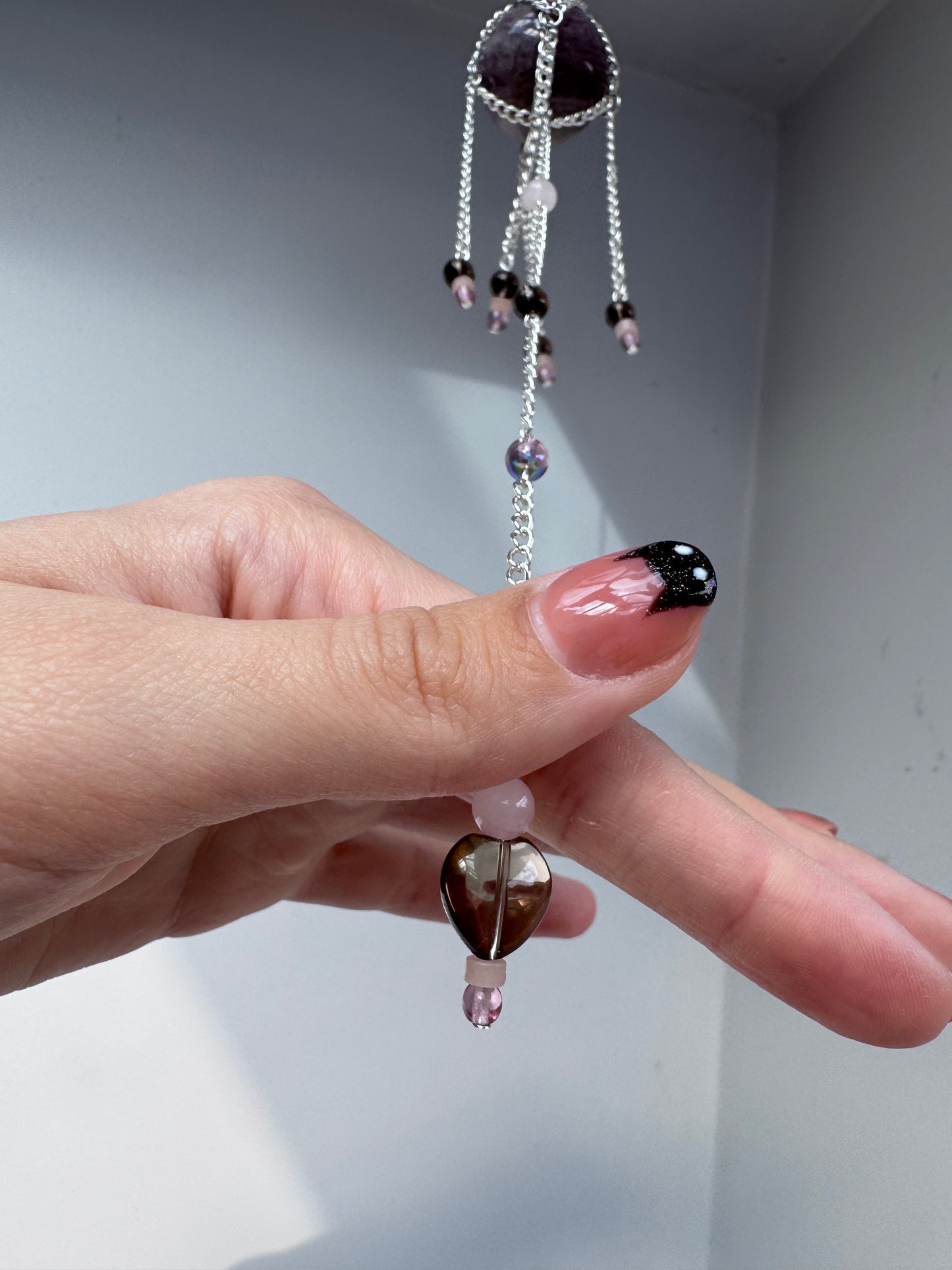 Luna Rose Quartz + Smoky Quartz Suncatcher | Handmade Crystal Wall Hanging