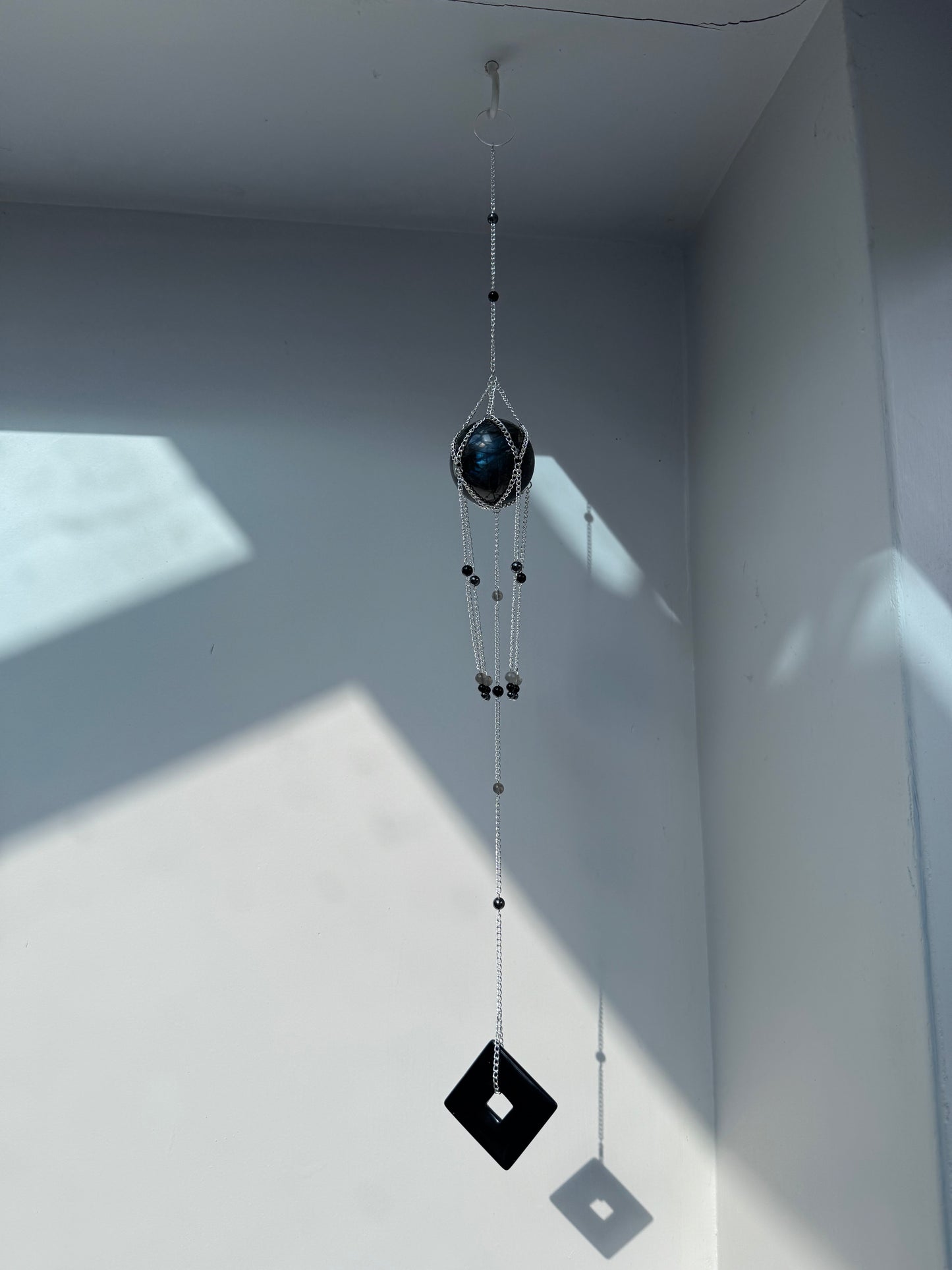 Big Labradorite + Black Agate Suncatcher | Handmade Crystal Wall Hanging