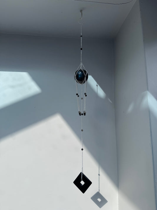 Big Labradorite + Black Agate Suncatcher | Handmade Crystal Wall Hanging