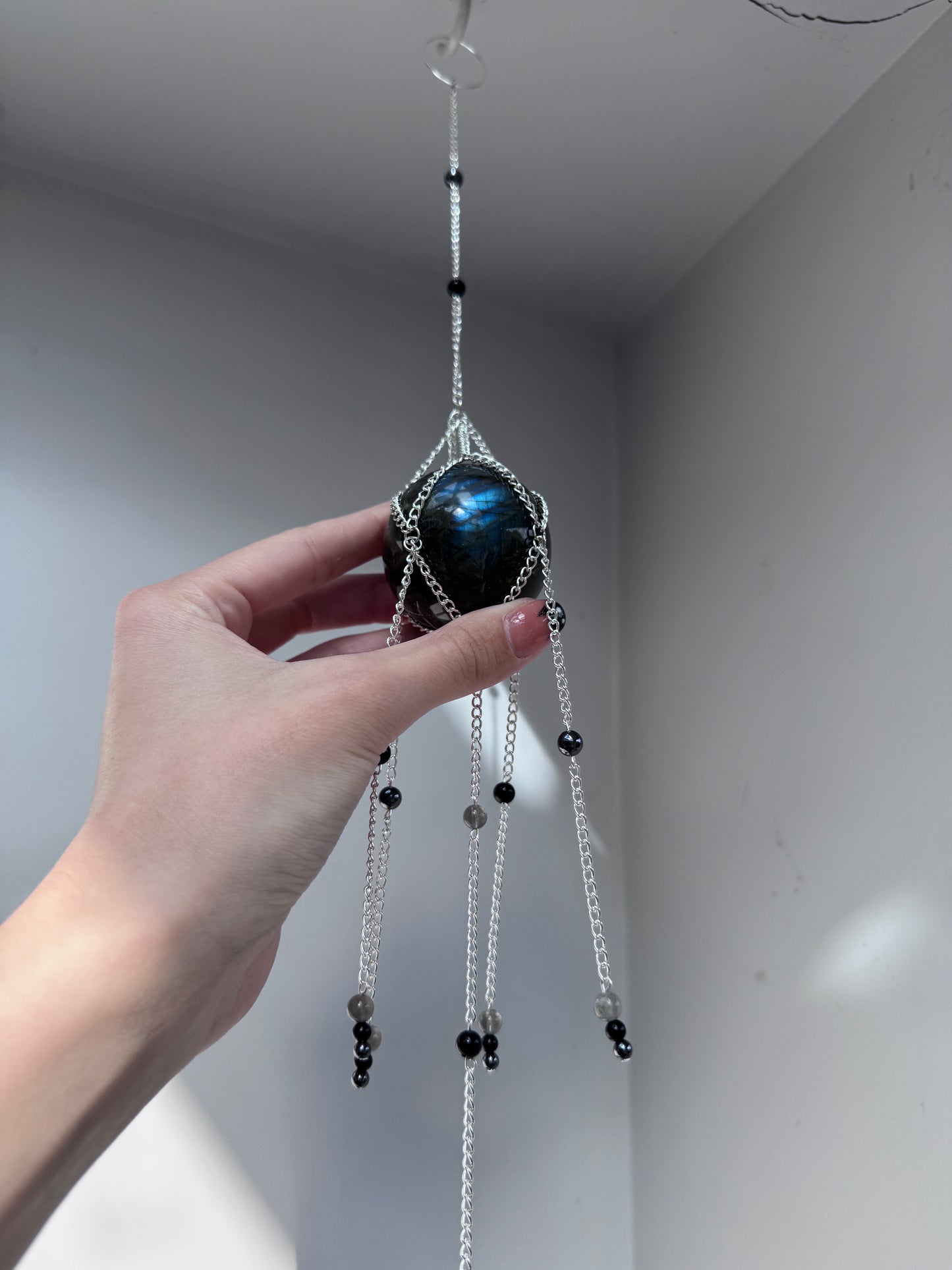 Big Labradorite + Black Agate Suncatcher | Handmade Crystal Wall Hanging