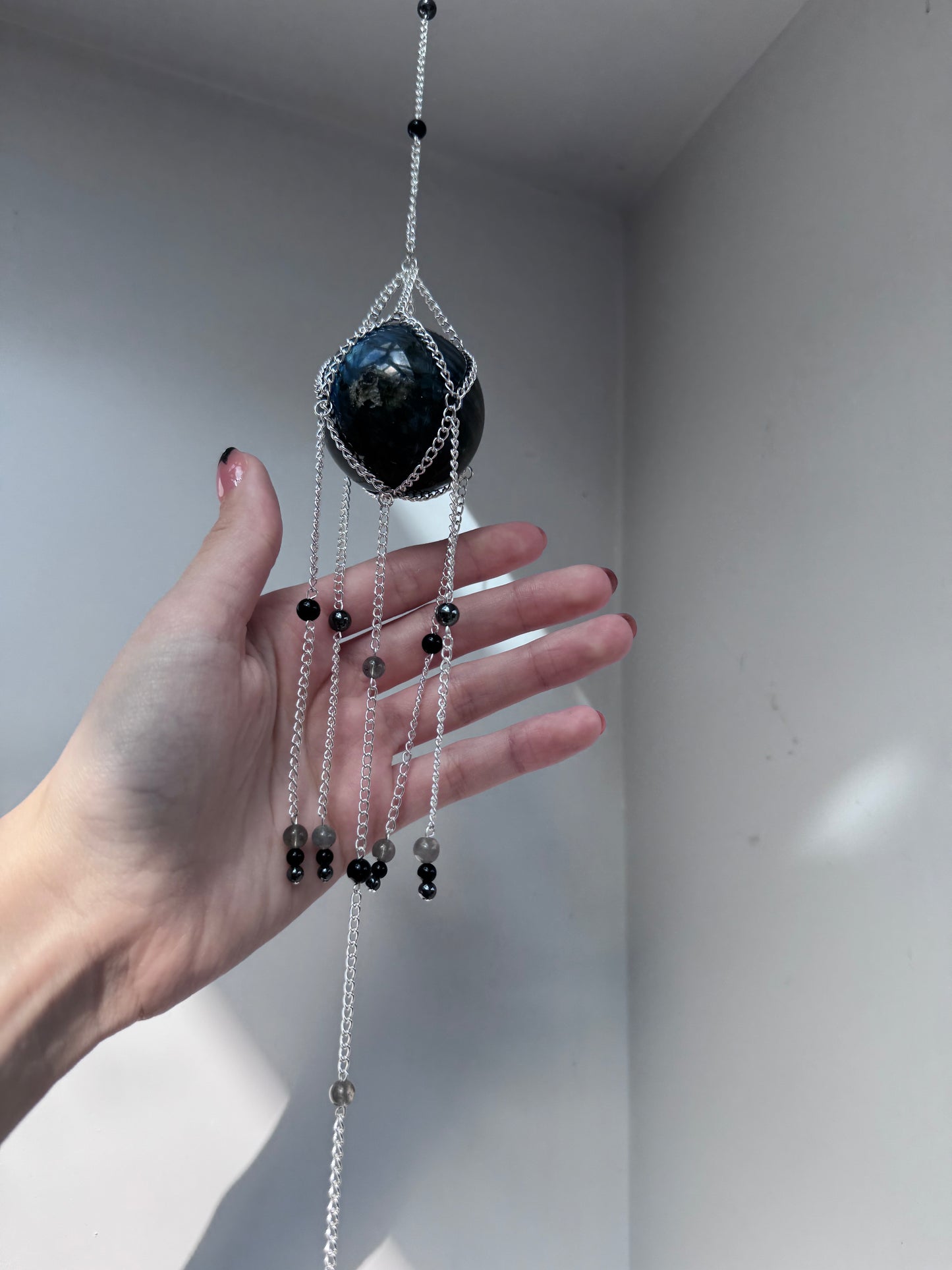 Big Labradorite + Black Agate Suncatcher | Handmade Crystal Wall Hanging