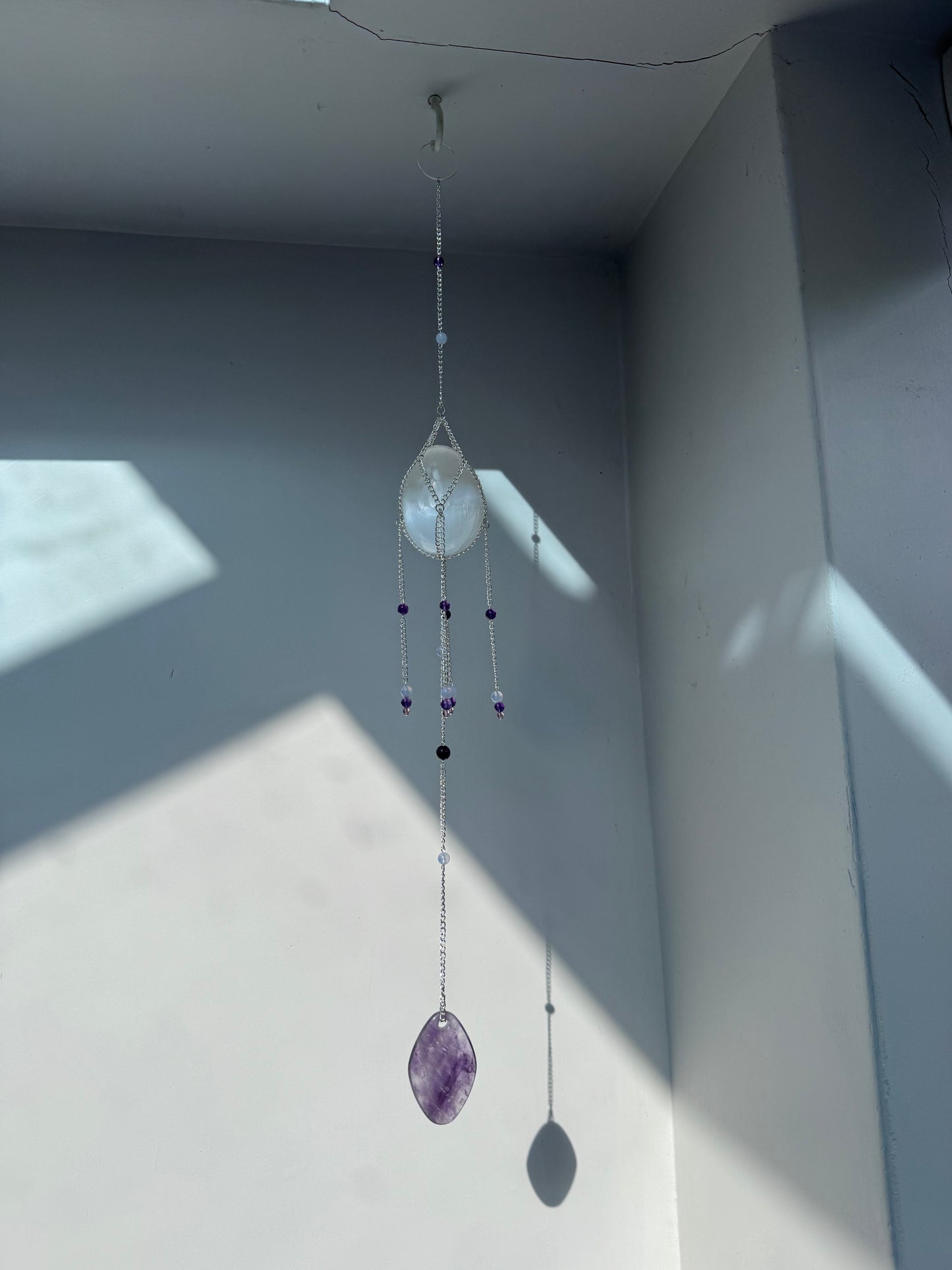 Selenite Egg + Amethyst + Blue Lace Agate Suncatcher | Handmade Crystal Wall Hanging