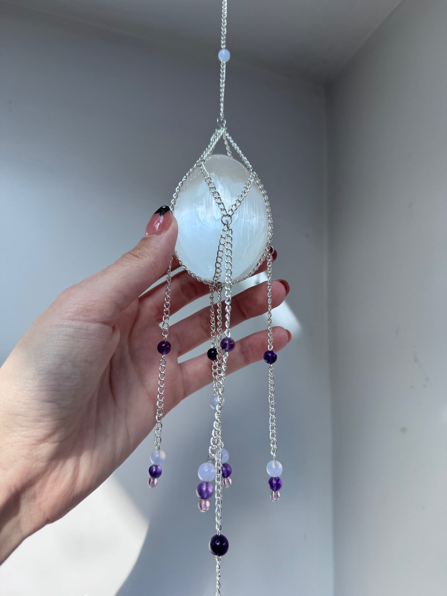 Selenite Egg + Amethyst + Blue Lace Agate Suncatcher | Handmade Crystal Wall Hanging
