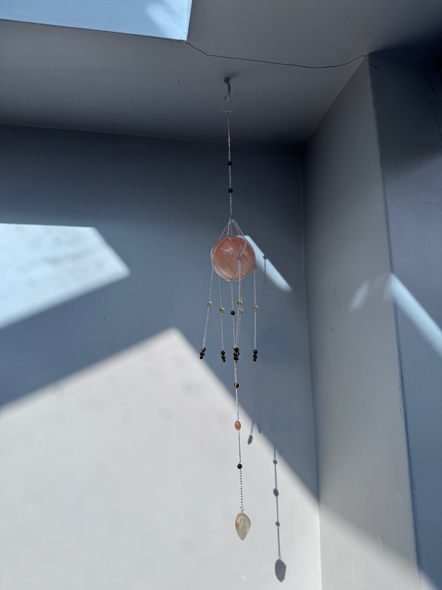 Peach Selenite + Citrine Suncatcher | Handmade Crystal Wall Hanging