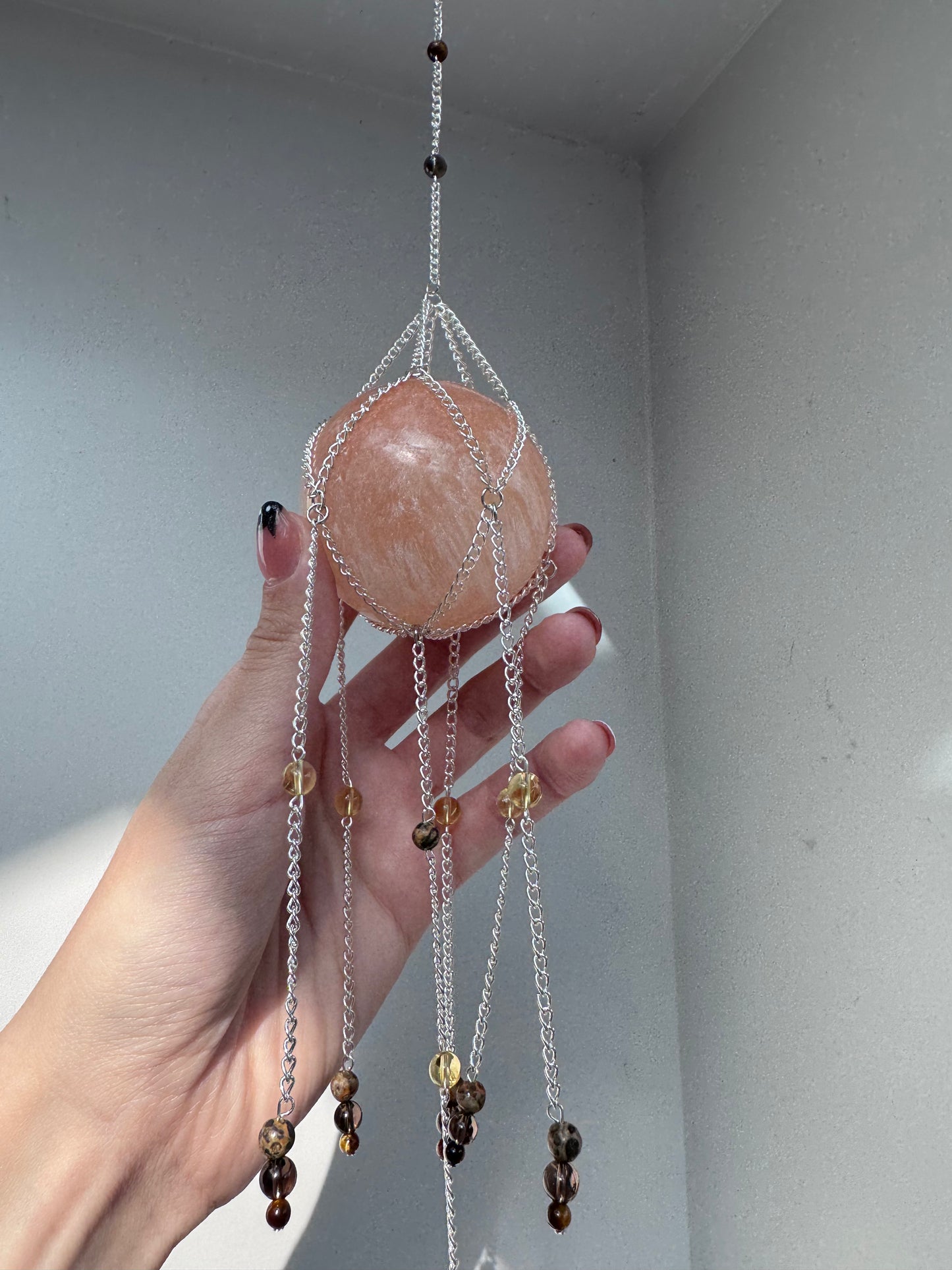 Peach Selenite + Citrine Suncatcher | Handmade Crystal Wall Hanging