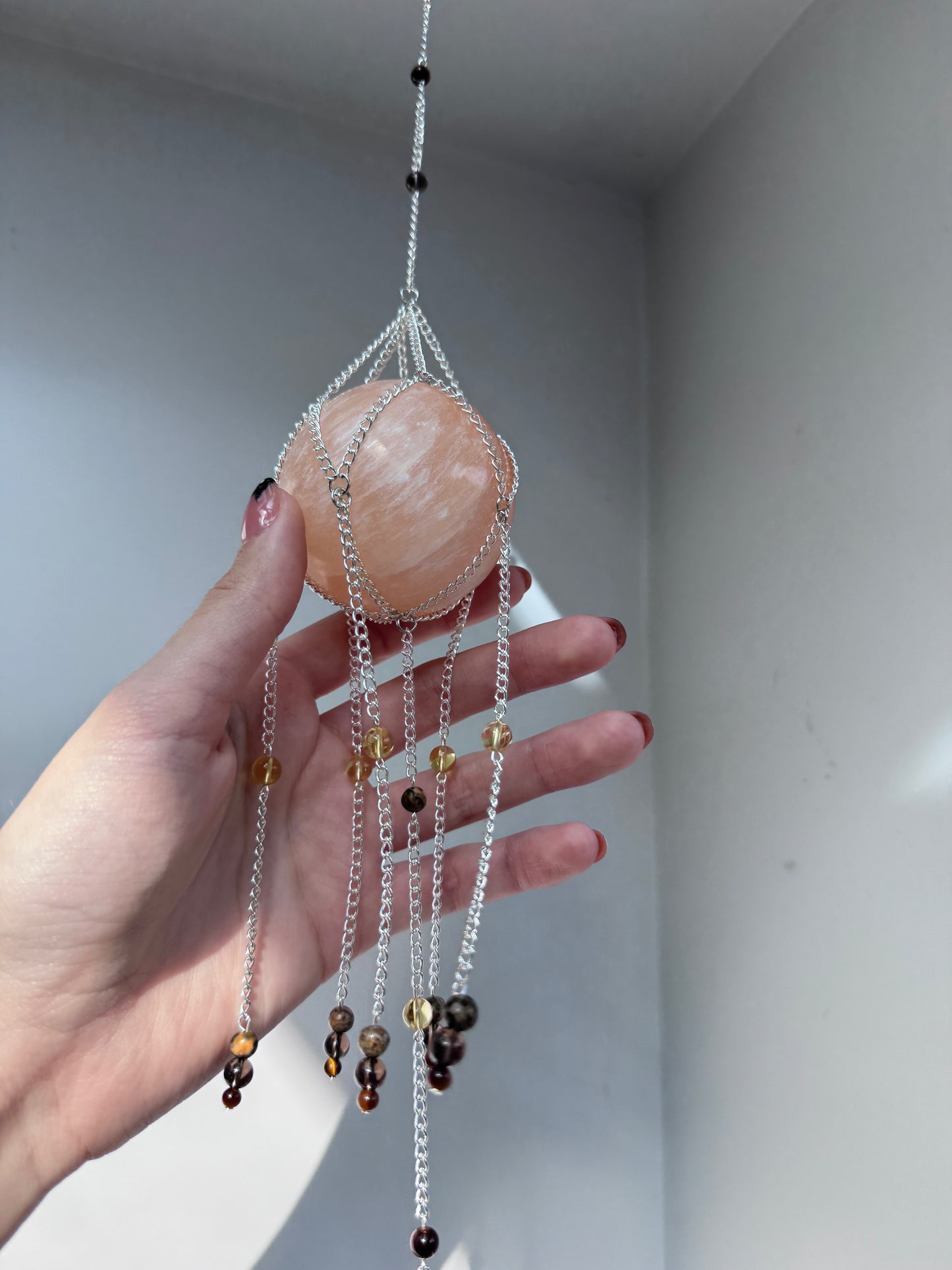 Peach Selenite + Citrine Suncatcher | Handmade Crystal Wall Hanging