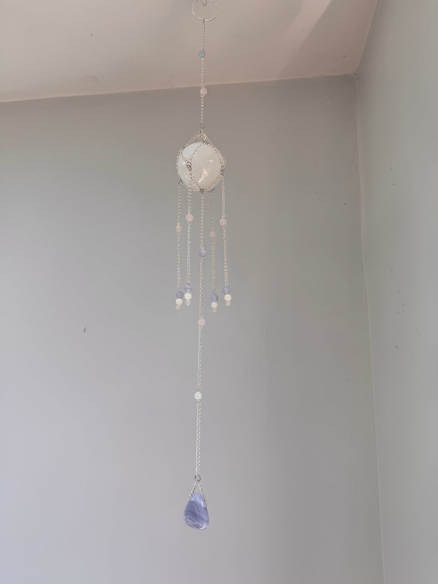 Selenite + Blue Lace Agate + Rose Quartz Suncatcher | Handmade Crystal Wall Hanging