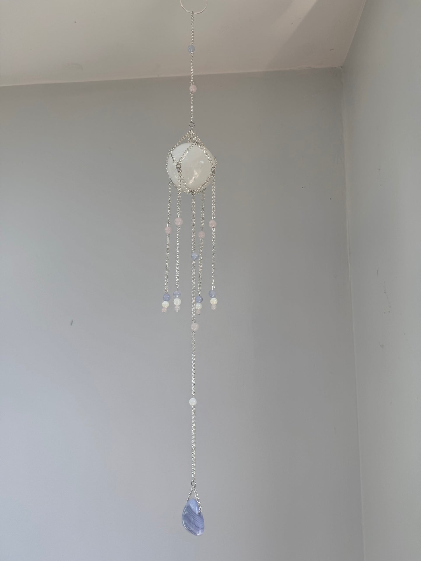 Selenite + Blue Lace Agate + Rose Quartz Suncatcher | Handmade Crystal Wall Hanging