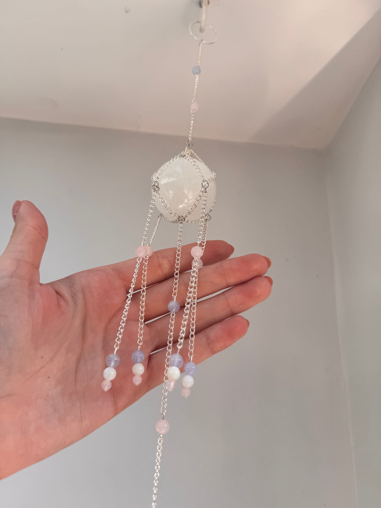 Selenite + Blue Lace Agate + Rose Quartz Suncatcher | Handmade Crystal Wall Hanging