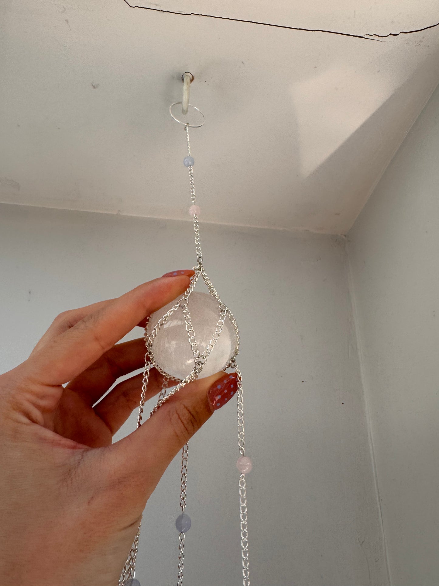 Selenite + Blue Lace Agate + Rose Quartz Suncatcher | Handmade Crystal Wall Hanging