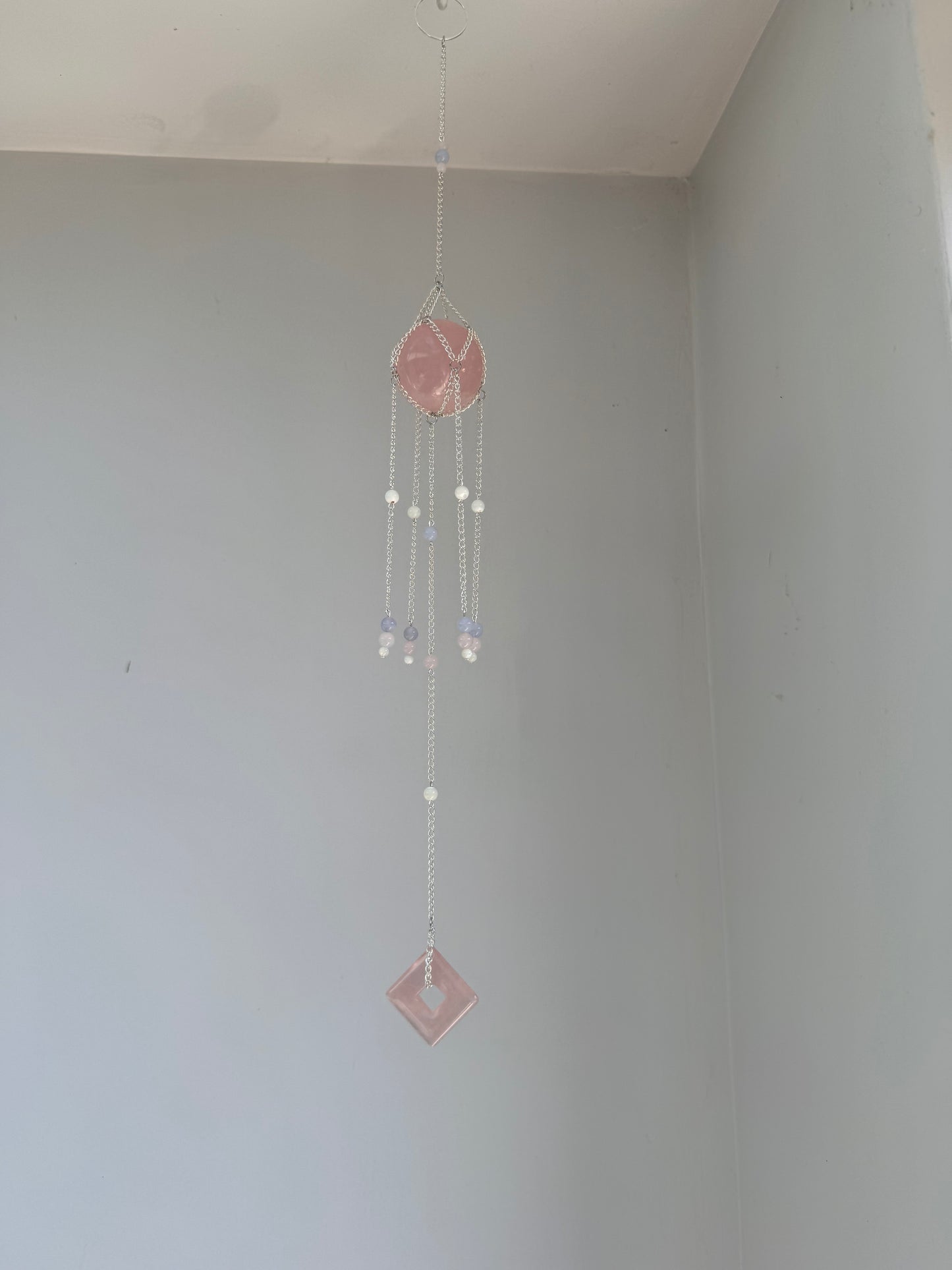 Rose Quartz + Blue Lace Agate Suncatcher | Handmade Crystal Wall Hanging