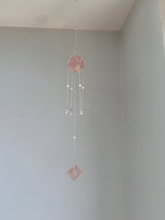 Rose Quartz + Blue Lace Agate Suncatcher | Handmade Crystal Wall Hanging