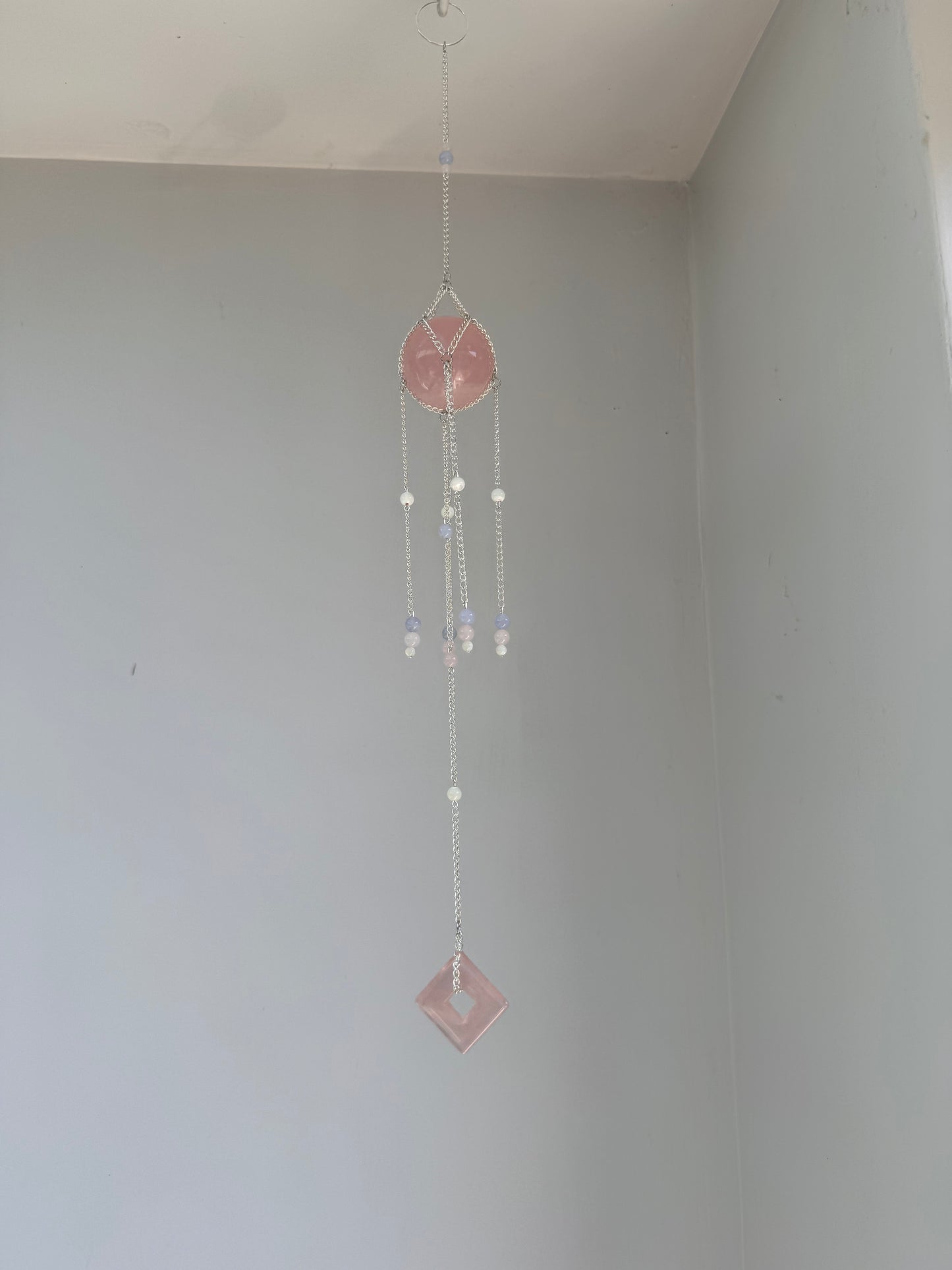 Rose Quartz + Blue Lace Agate Suncatcher | Handmade Crystal Wall Hanging