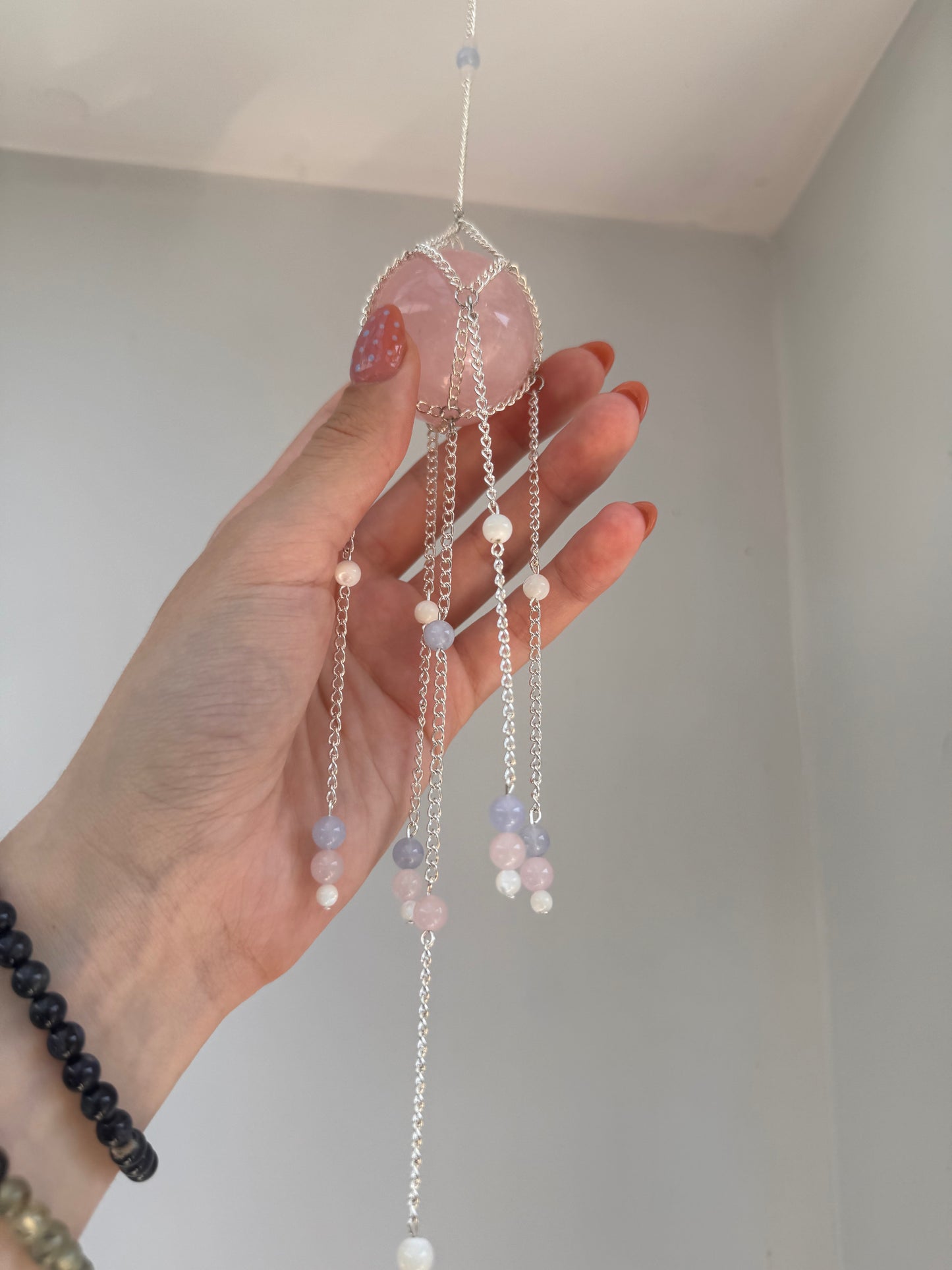 Rose Quartz + Blue Lace Agate Suncatcher | Handmade Crystal Wall Hanging