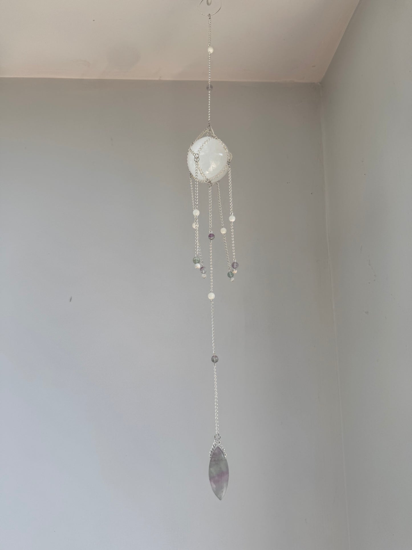 Selenite + Fluorite Suncatcher | Handmade Crystal Wall Hanging