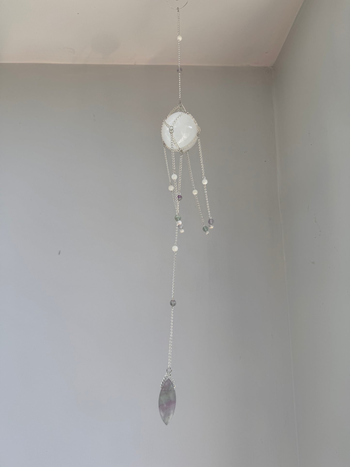 Selenite + Fluorite Suncatcher | Handmade Crystal Wall Hanging