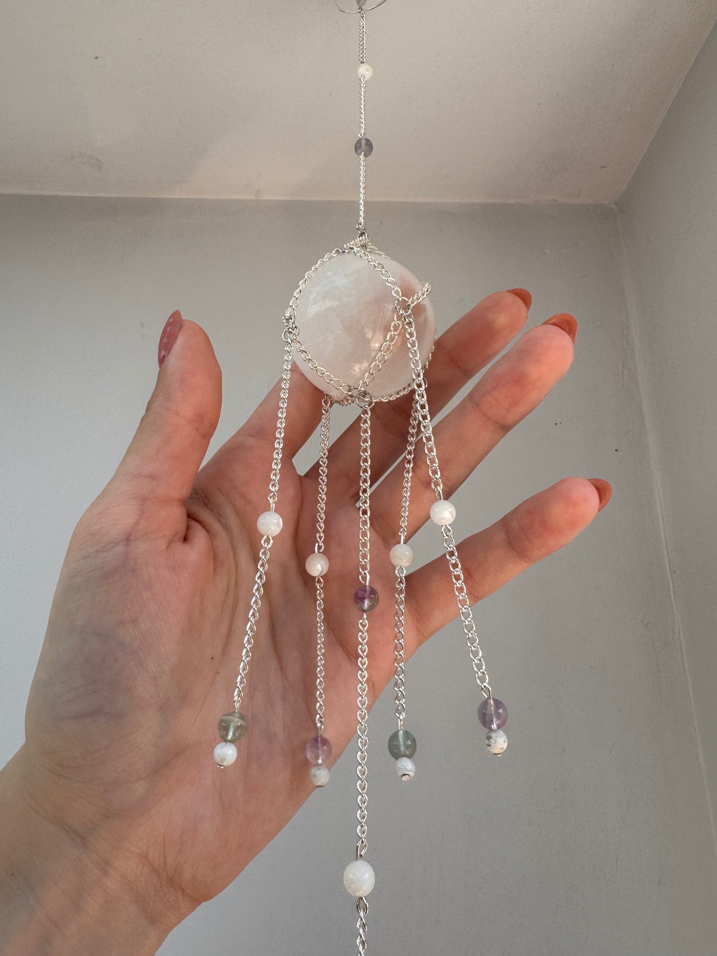 Selenite + Fluorite Suncatcher | Handmade Crystal Wall Hanging