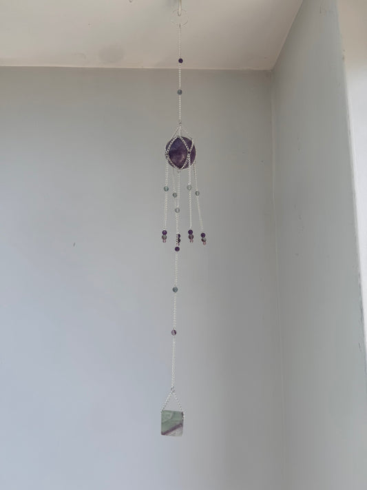 Lepidolite + Fluorite Suncatcher | Handmade Crystal Wall Hanging