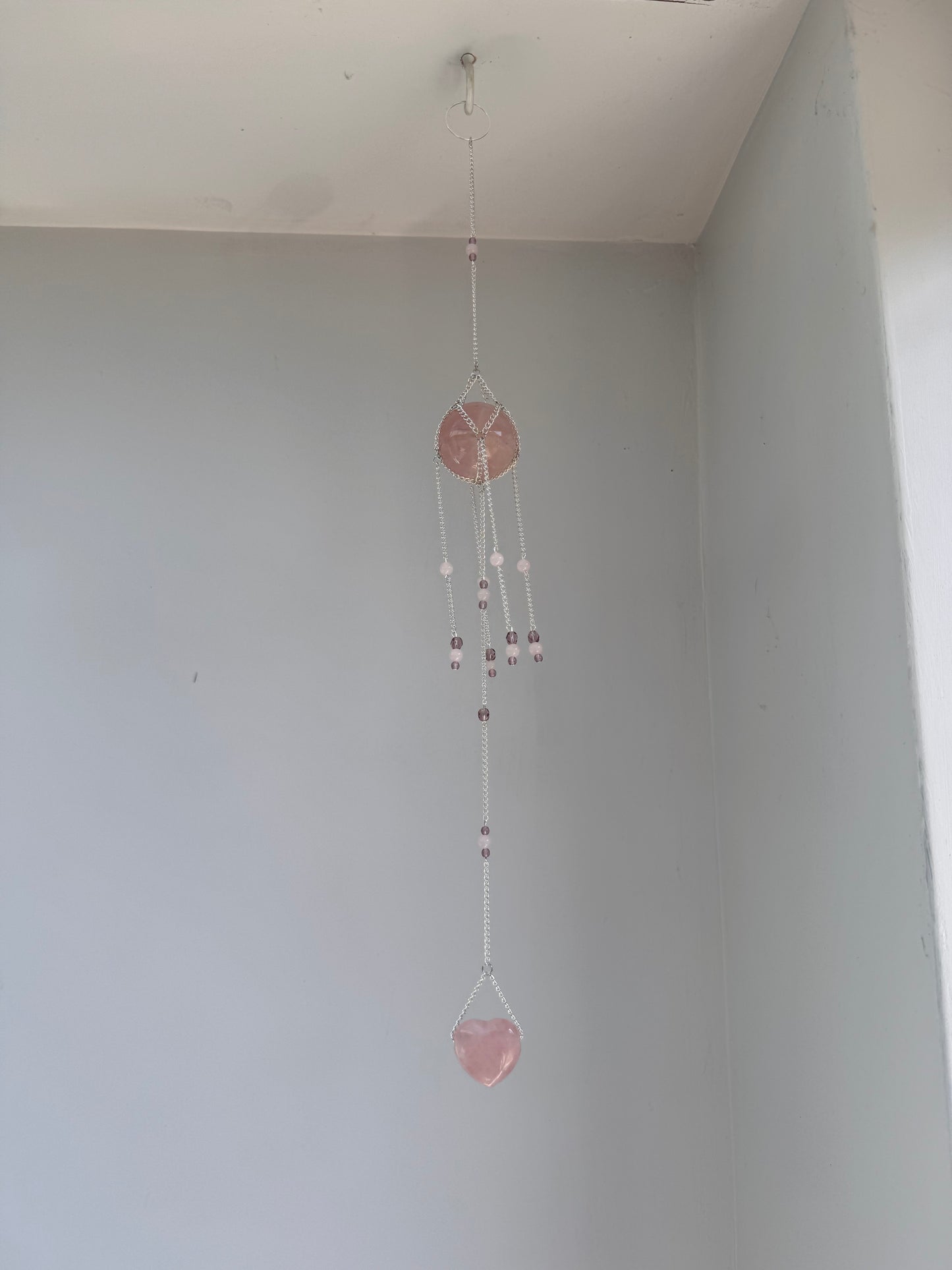 Rose Quartz + Heart Suncatcher | Handmade Crystal Wall Hanging
