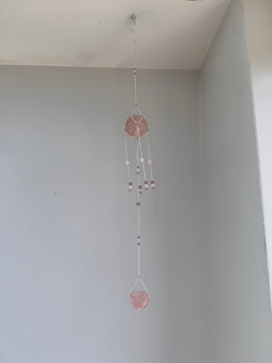 Rose Quartz + Heart Suncatcher | Handmade Crystal Wall Hanging
