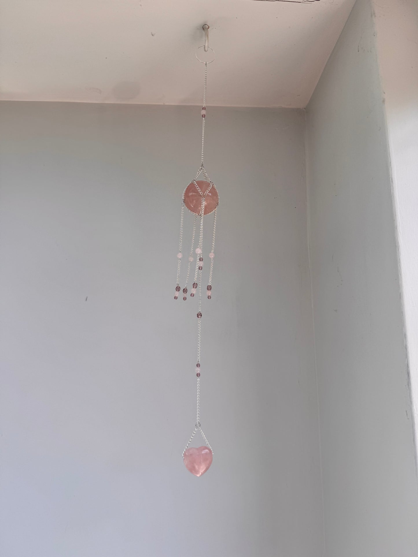 Rose Quartz + Heart Suncatcher | Handmade Crystal Wall Hanging