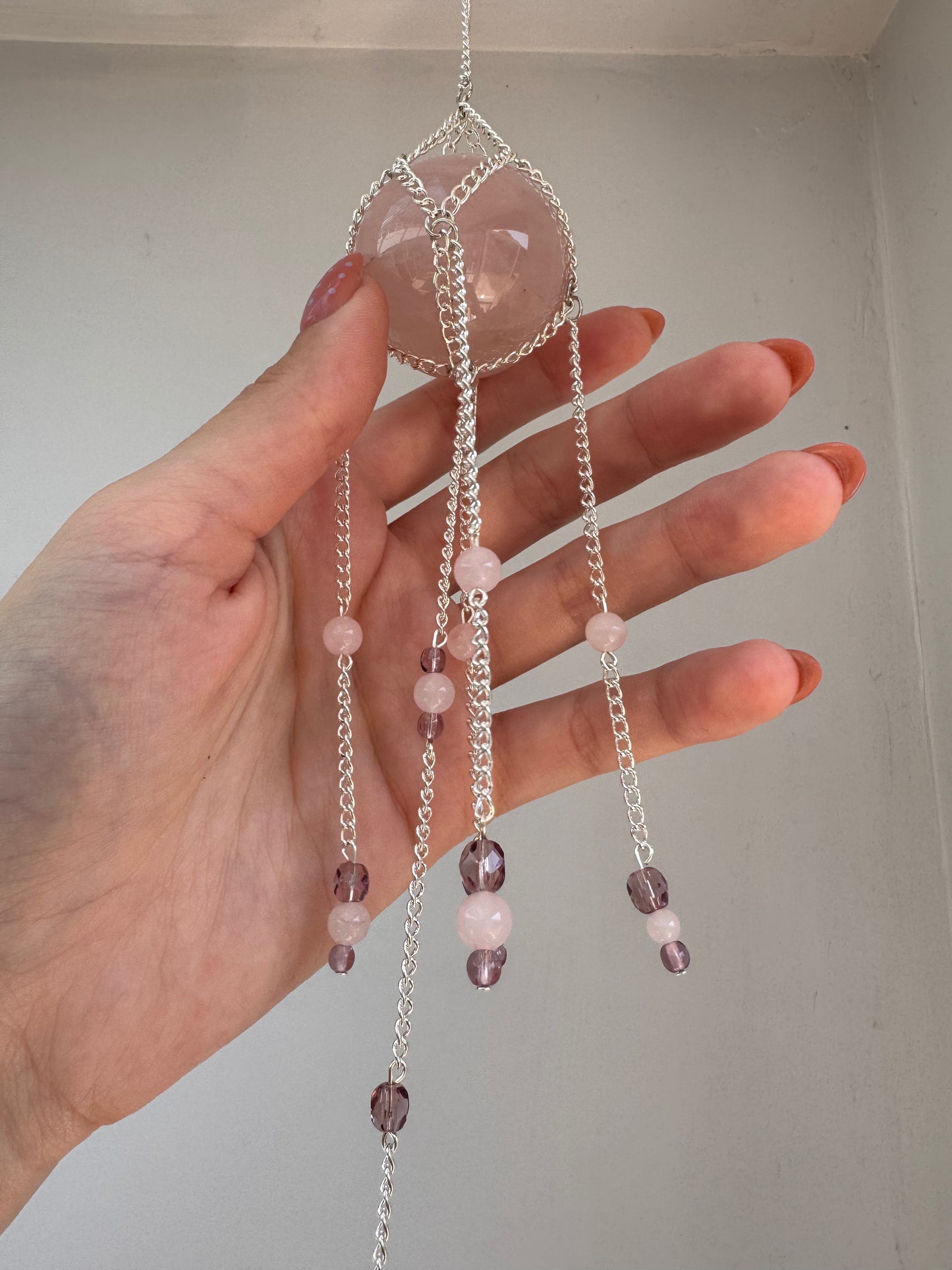 Rose Quartz + Heart Suncatcher | Handmade Crystal Wall Hanging