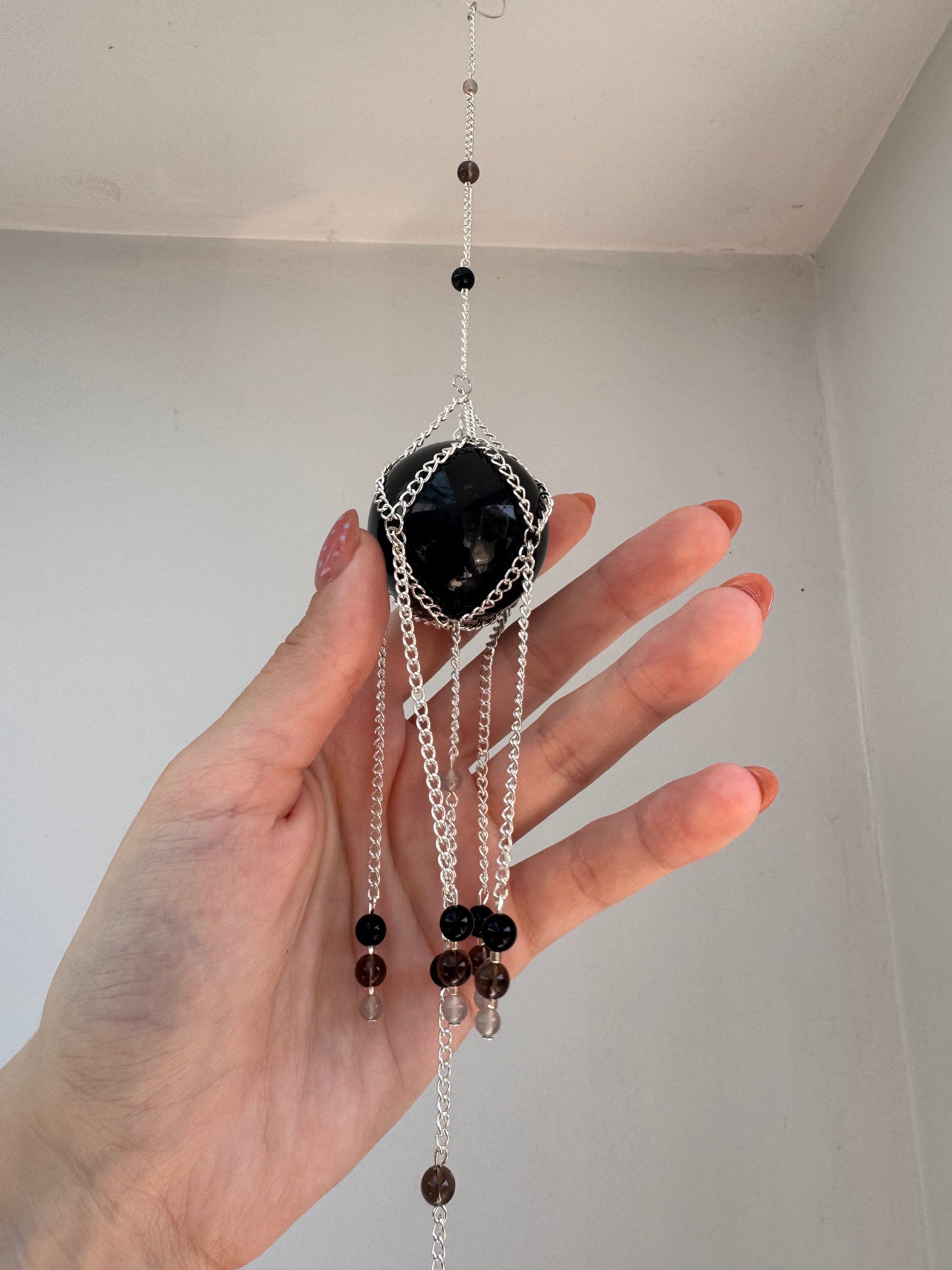Obsidian + Agate Disc Suncatcher | Handmade Crystal Wall Hanging