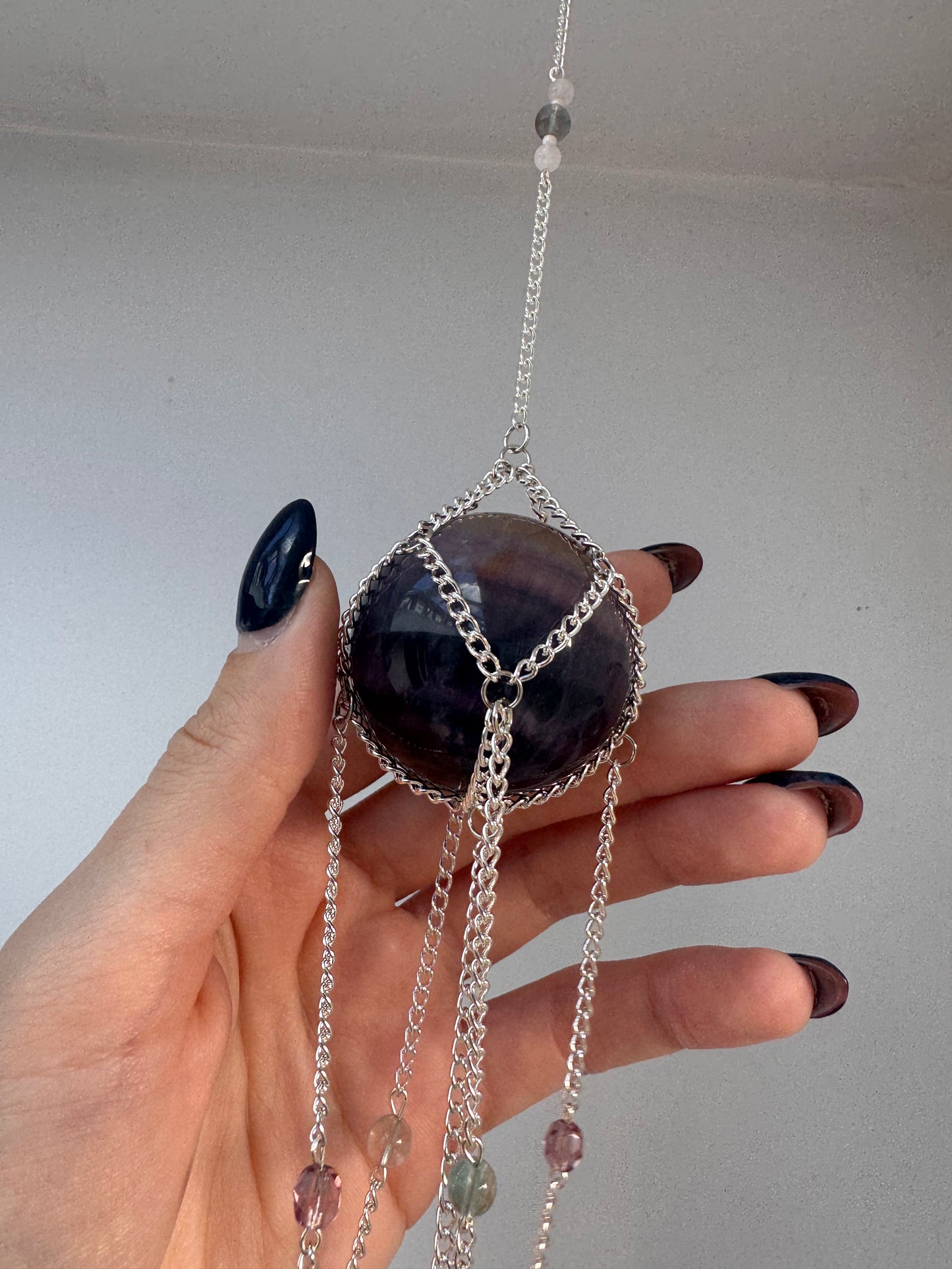 Fluorite + Rose Quartz Suncatcher | Handmade Crystal Wall Hanging