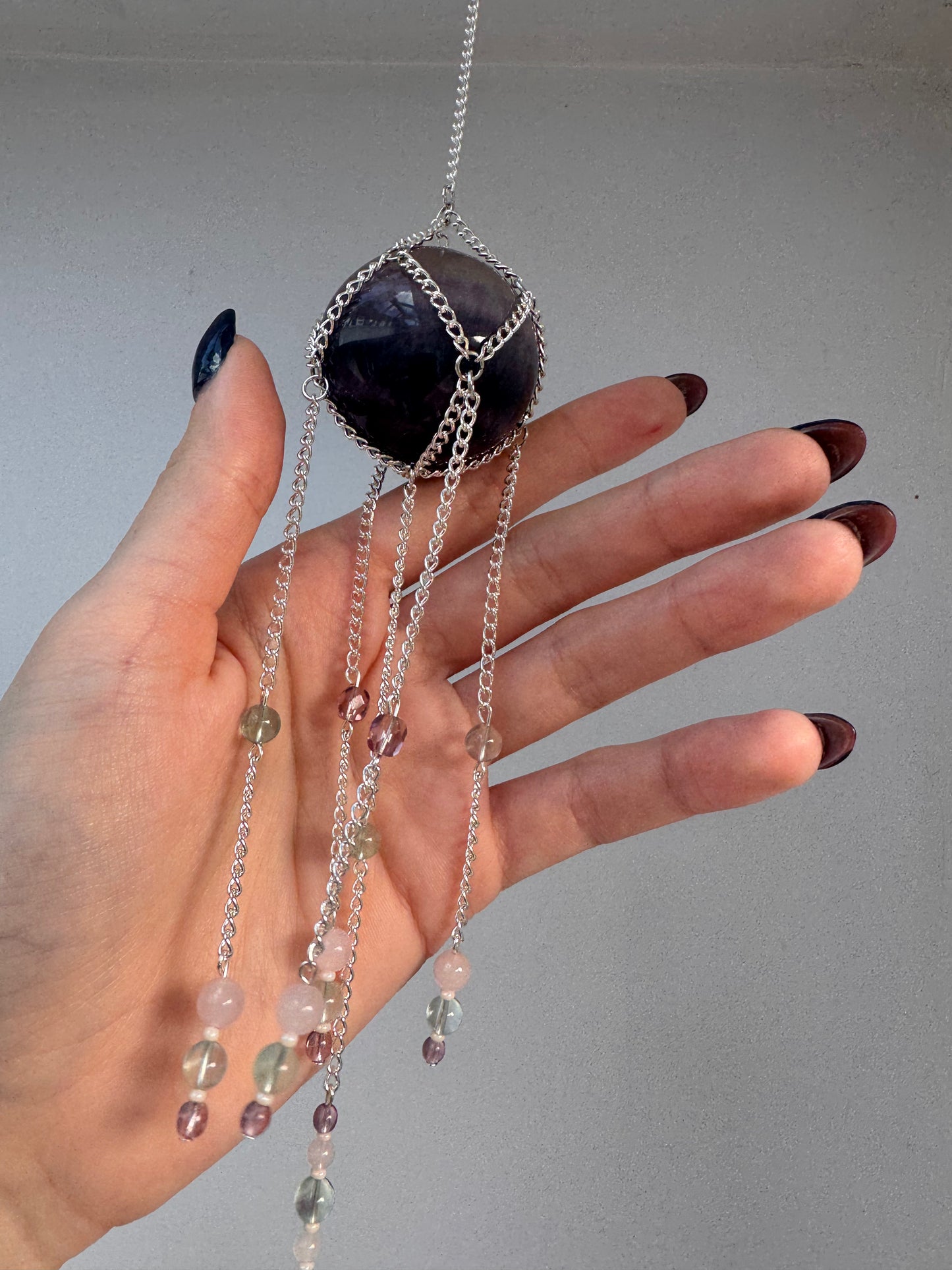 Fluorite + Rose Quartz Suncatcher | Handmade Crystal Wall Hanging