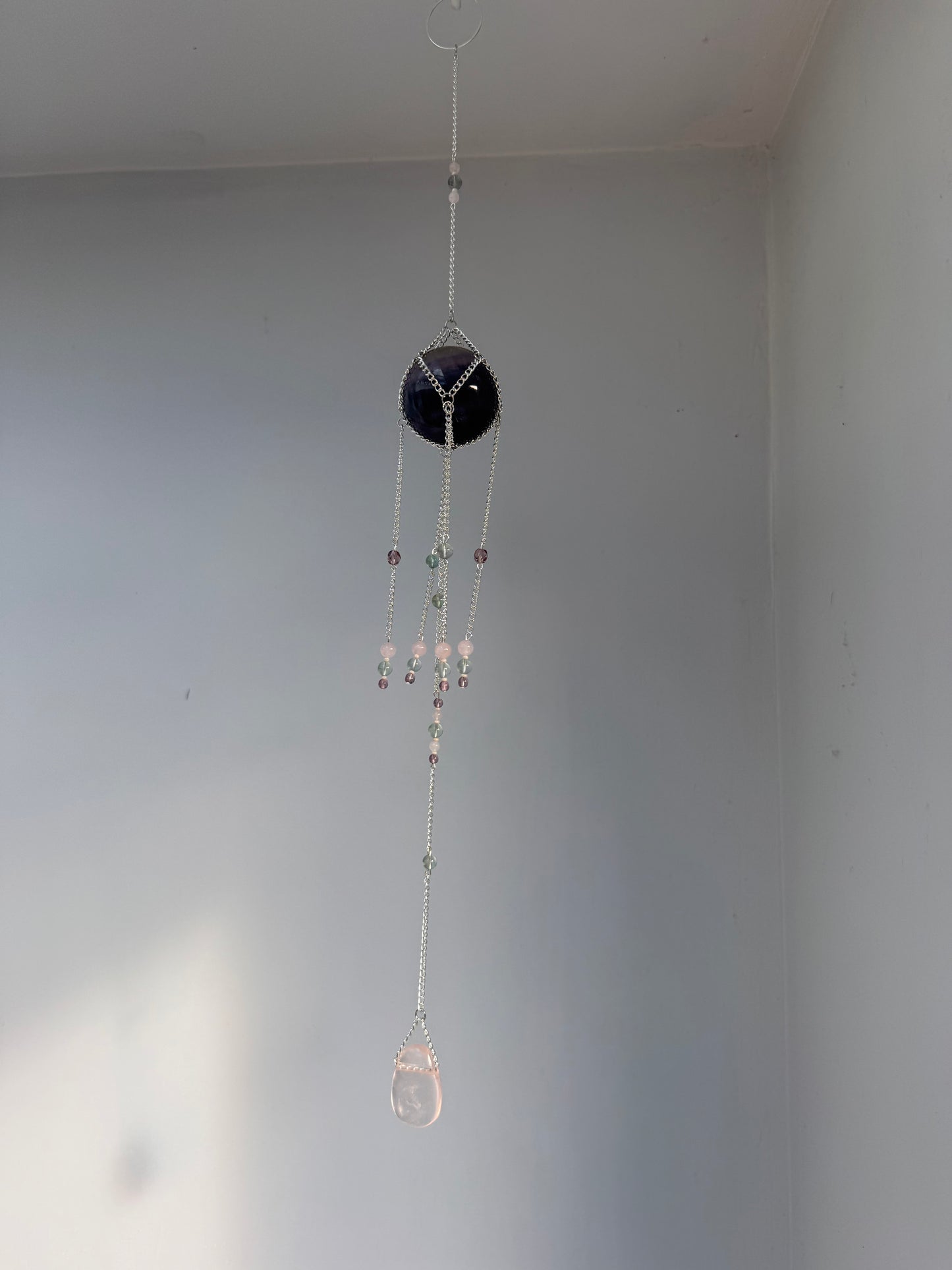 Fluorite + Rose Quartz Suncatcher | Handmade Crystal Wall Hanging