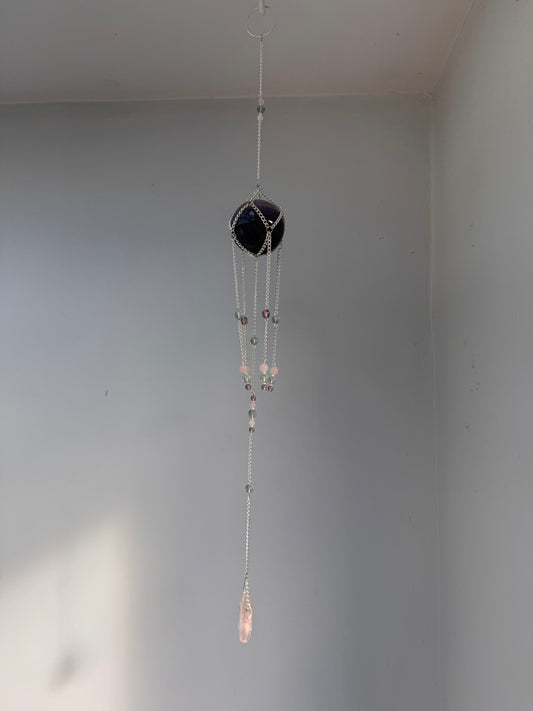 Fluorite + Rose Quartz Suncatcher | Handmade Crystal Wall Hanging