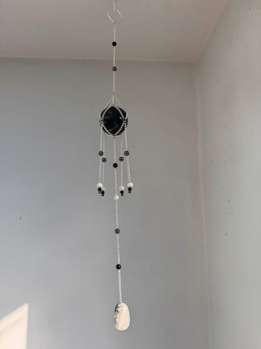 Obsidian + Tourmalated Quartz Suncatcher | Handmade Crystal Wall Hanging