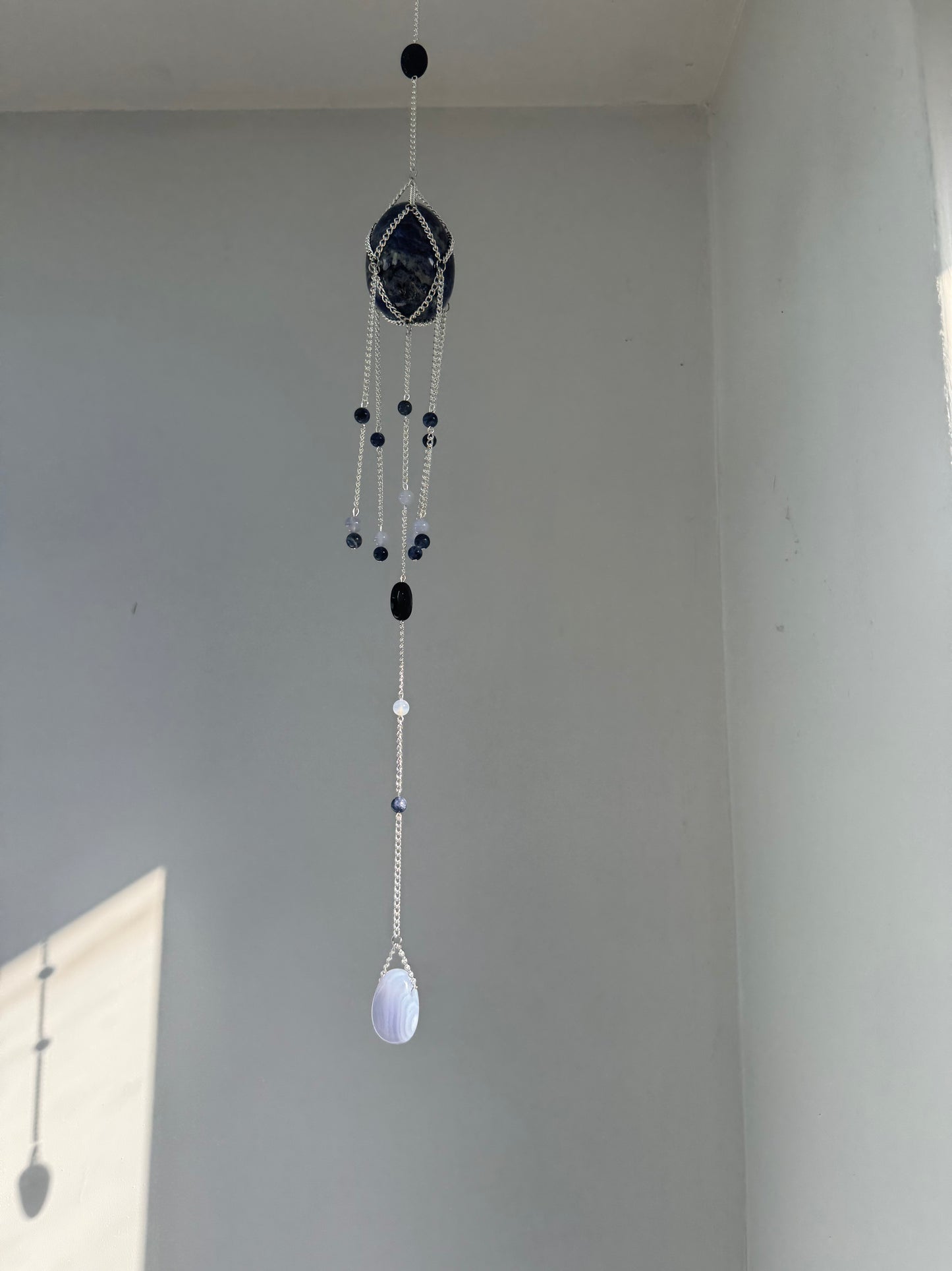 Sodalite Egg + Blue Lace Agate Suncatcher | Handmade Crystal Wall Hanging