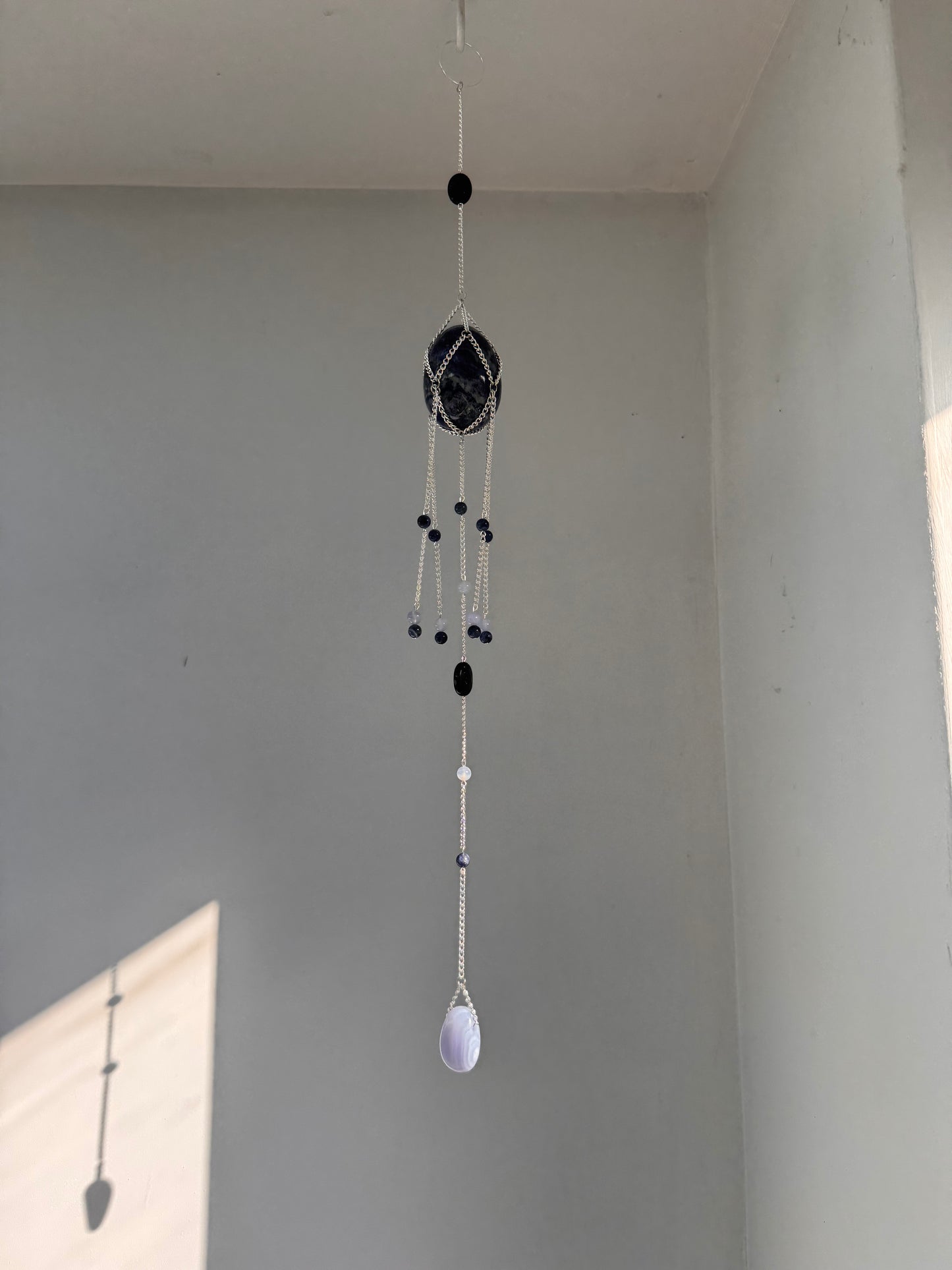Sodalite Egg + Blue Lace Agate Suncatcher | Handmade Crystal Wall Hanging