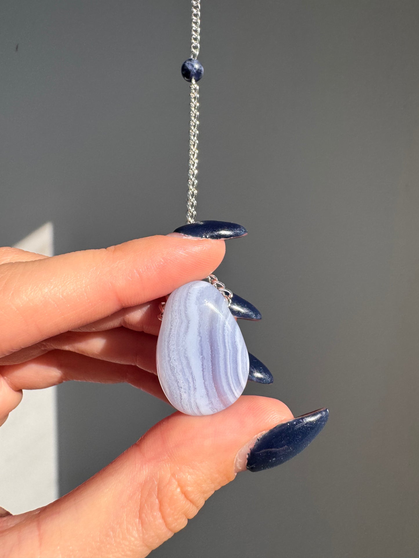 Sodalite Egg + Blue Lace Agate Suncatcher | Handmade Crystal Wall Hanging