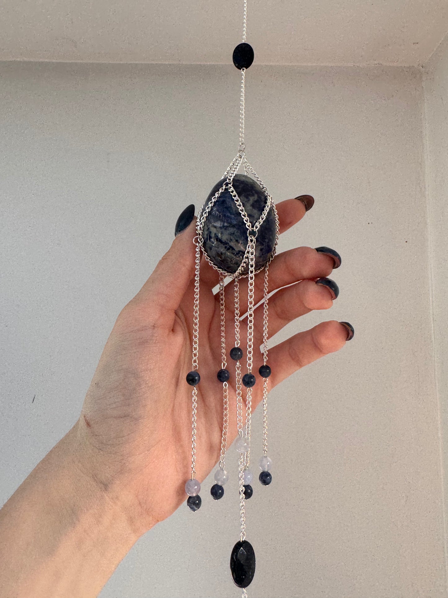 Sodalite Egg + Blue Lace Agate Suncatcher | Handmade Crystal Wall Hanging