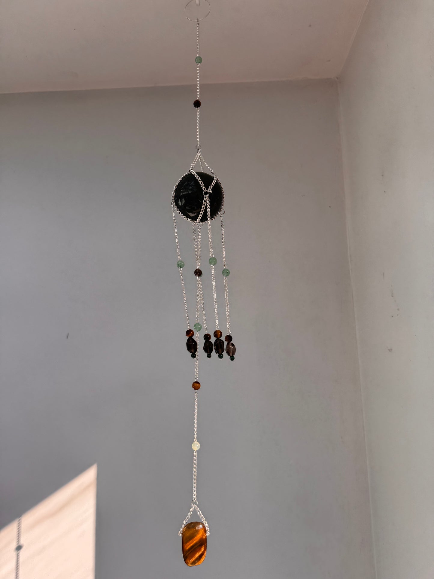 Moss Agate + Tigers Eye Suncatcher | Handmade Crystal Wall Hanging