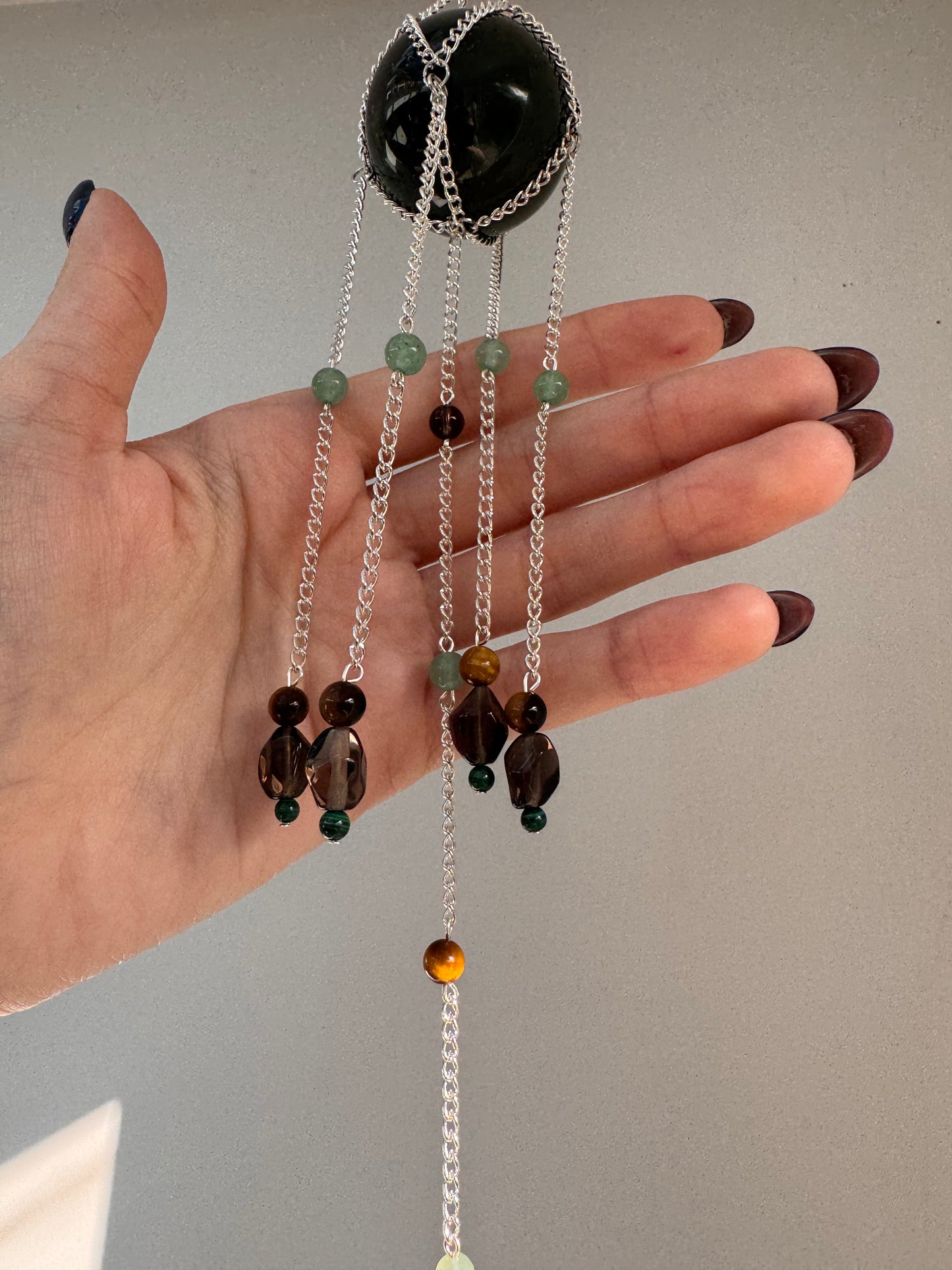 Moss Agate + Tigers Eye Suncatcher | Handmade Crystal Wall Hanging