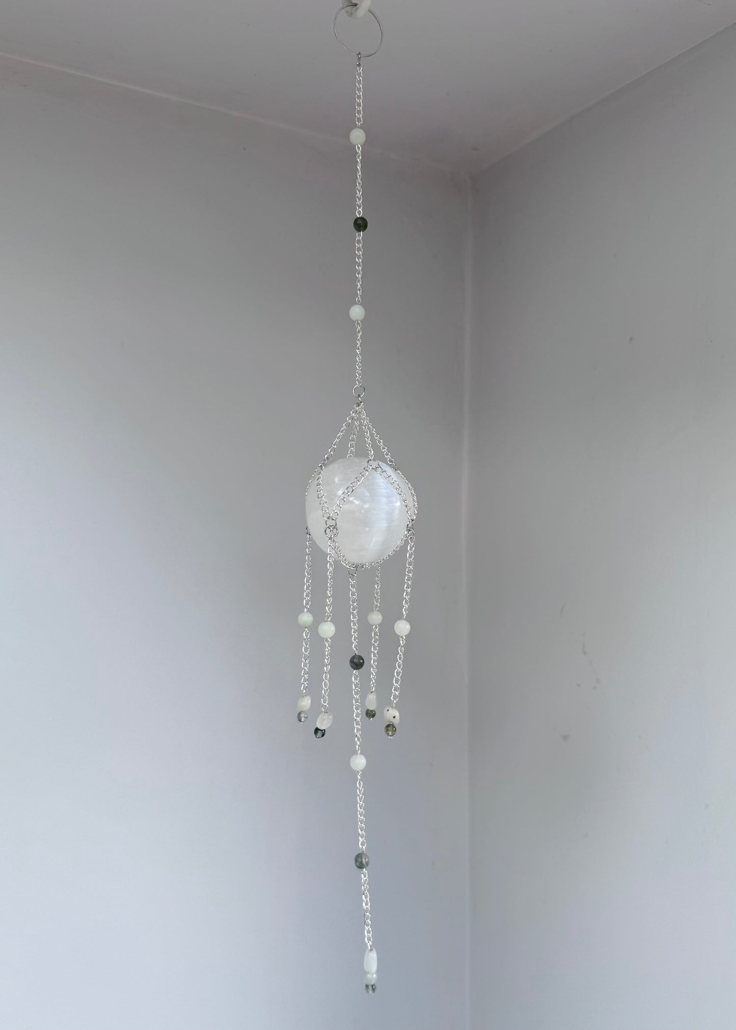 Selenite + Chinese Amazonite Suncatcher | Handmade Crystal Wall Hanging