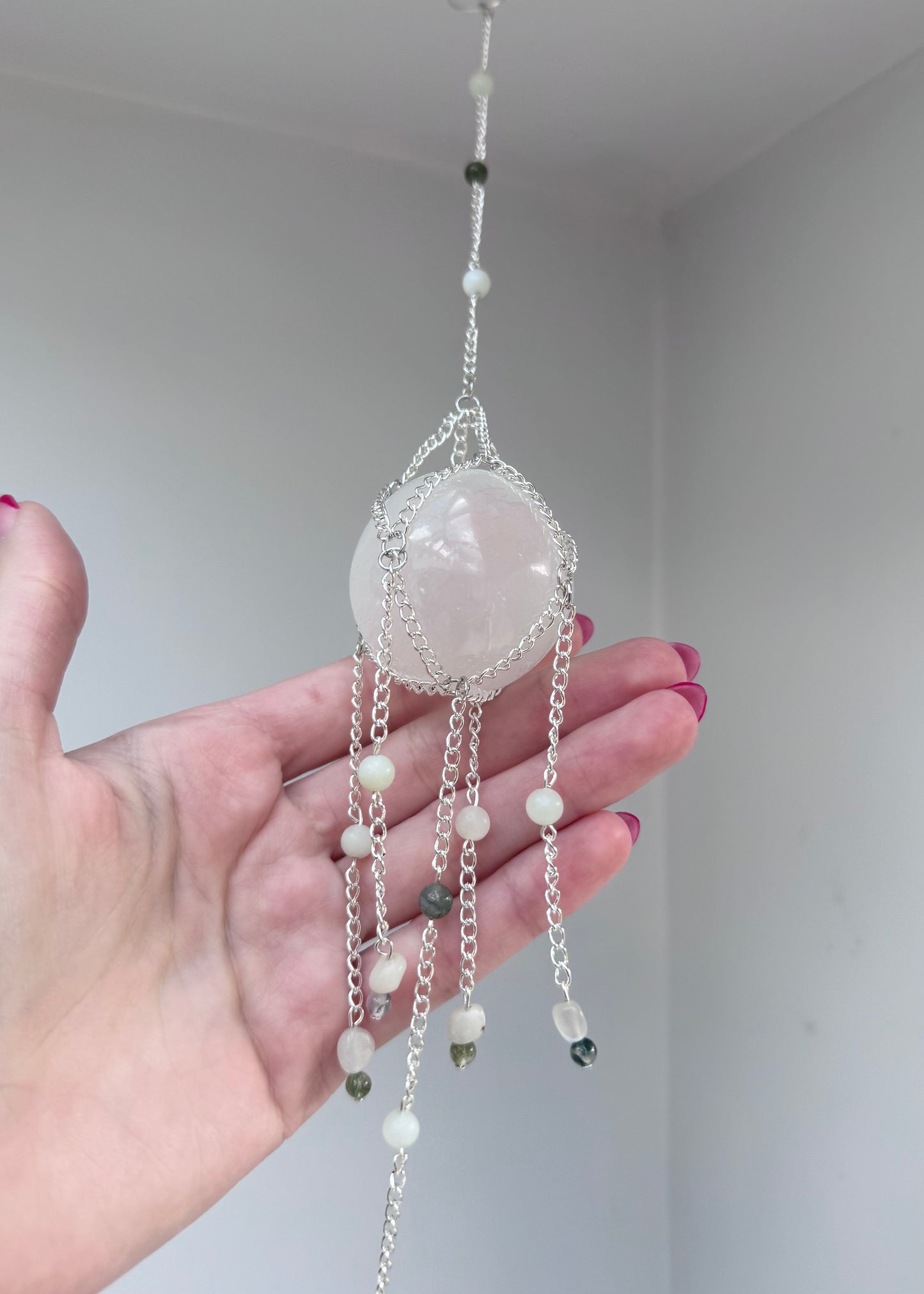 Selenite + Chinese Amazonite Suncatcher | Handmade Crystal Wall Hanging