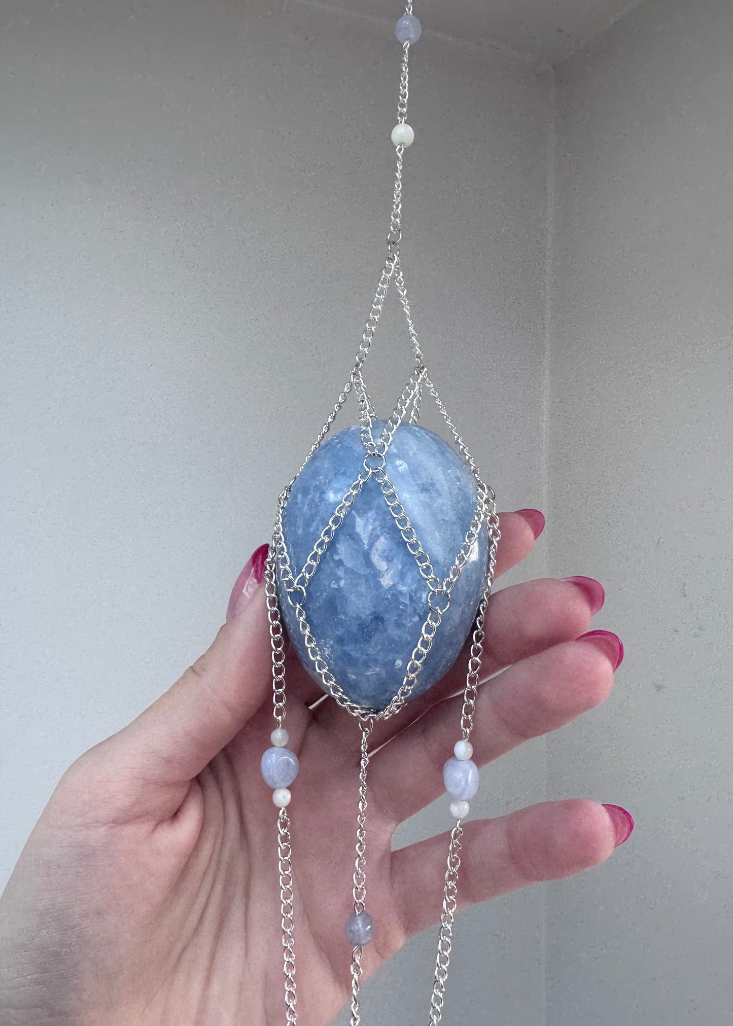 Blue Calcite Palmstone Suncatcher | Handmade Crystal Wall Hanging