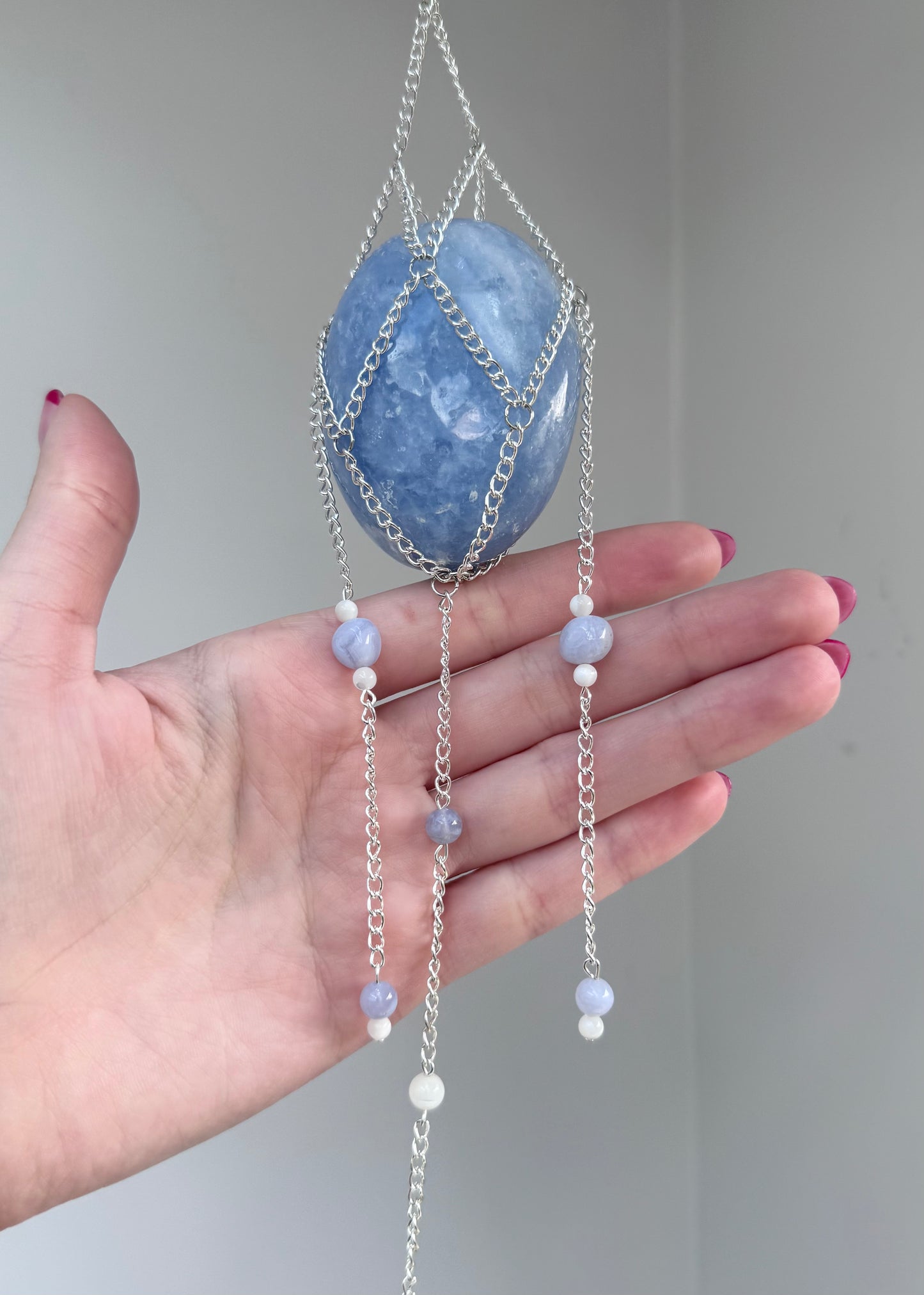 Blue Calcite Palmstone Suncatcher | Handmade Crystal Wall Hanging