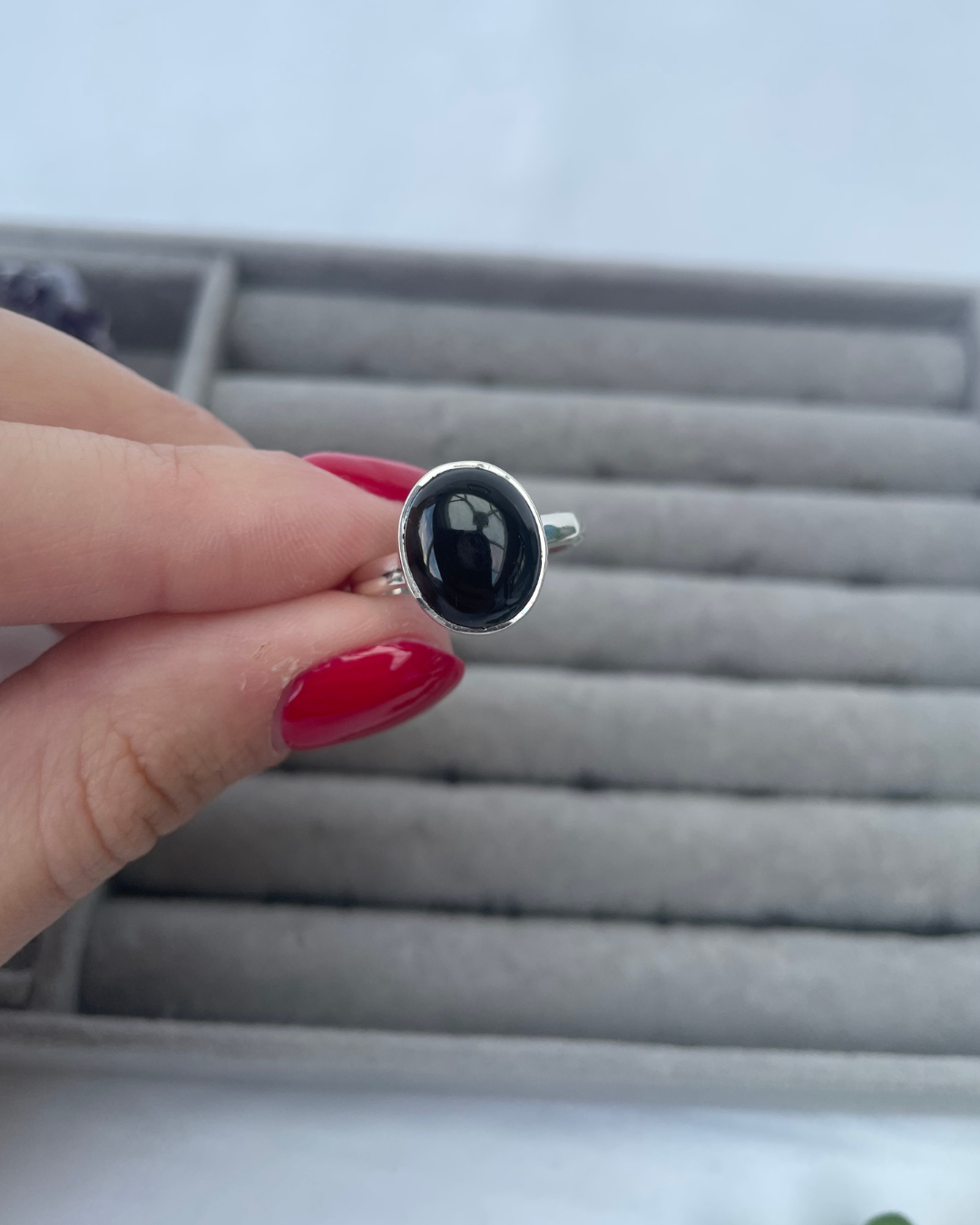 Whitby Jet Oval Sterling Silver Ring | N | 7