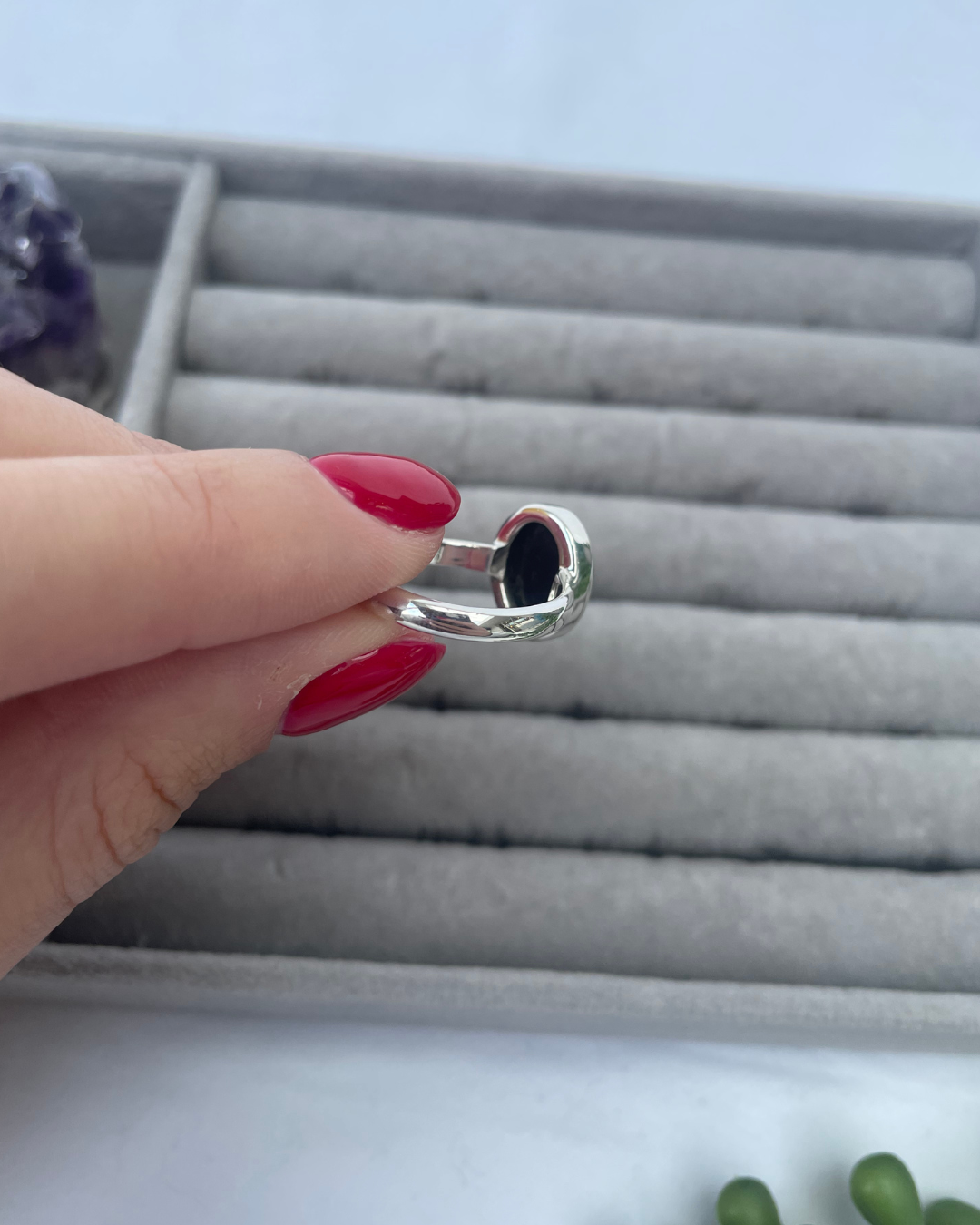 Whitby Jet Oval Sterling Silver Ring | N | 7