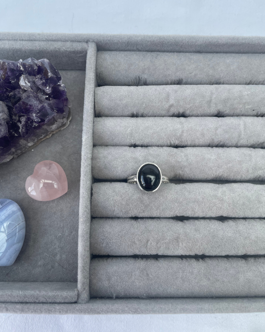 Whitby Jet Oval Sterling Silver Ring | N | 7